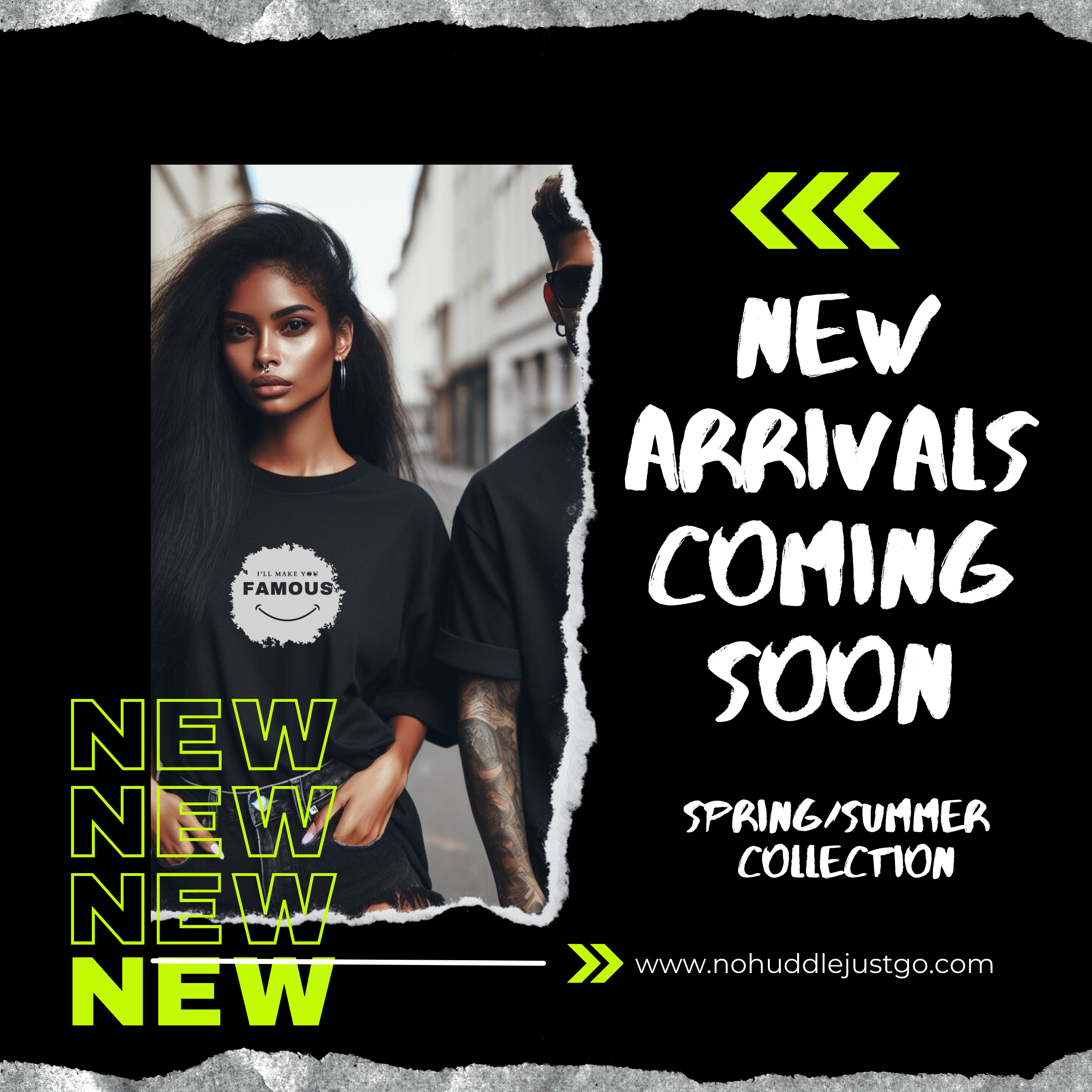 No Huddle Just Go promotional design alerting customers that new styles such as t-shirts will be available soon.