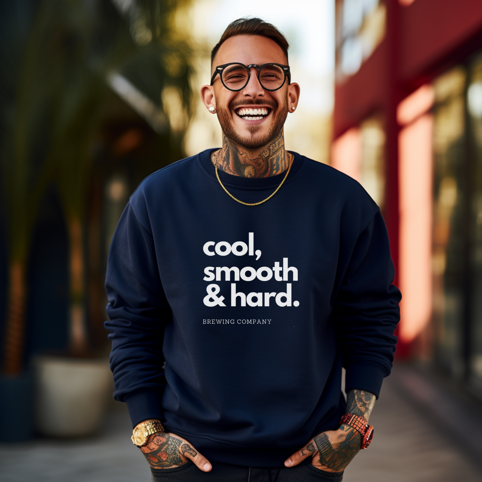 Make model wearing blue signature ‘No Huddle Just Go’ sweatshirt, featuring Cool, smooth and hard design, a premium essential for any wardrobe.