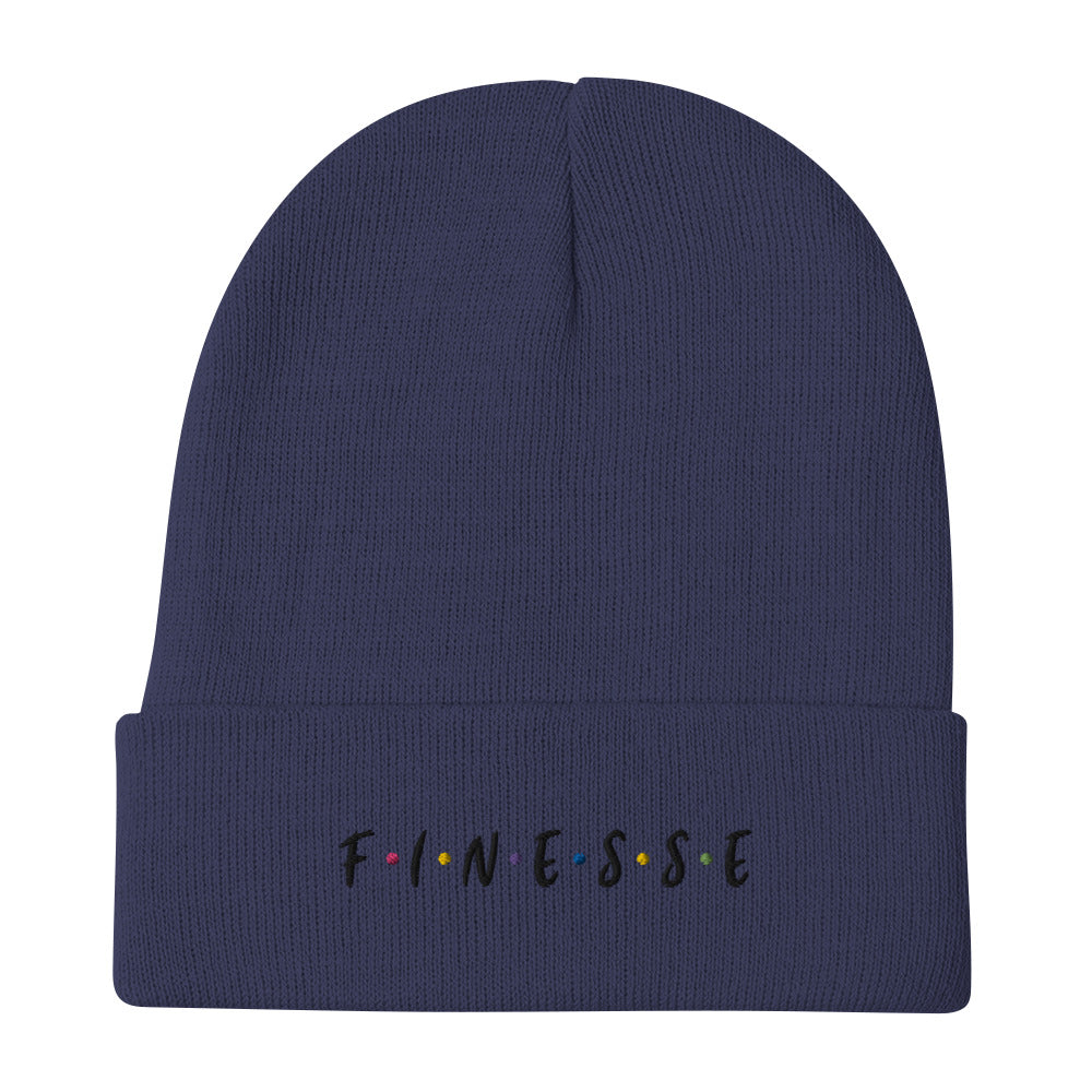 Front view of our ‘Finesse” beanie in navy blue, featuring premium embroidered “Finesse” in black text on the front. Add this signature beanie to your collection! Customers love our cozy and warm beanie. This beanie is a one size fits all available now in various colors.