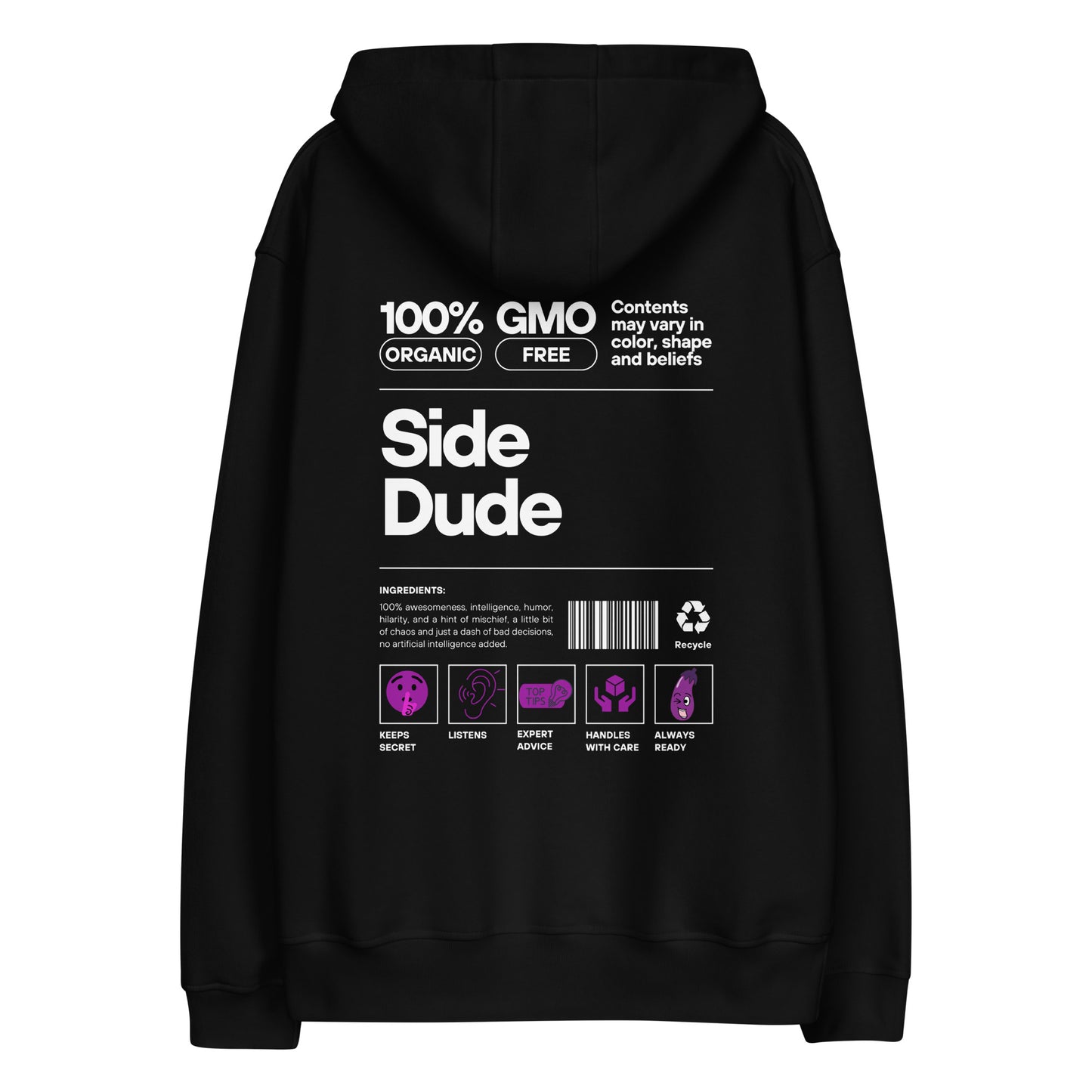 Back view of our ‘No Huddle Just Go’ luxe Unisex hoodie in black, featuring ‘Certified’ premium embroidered in white text on front and “Side Dude” graphic in white and purple on back. Add this signature hoodie to your collection! Customers love our luxe hoodies because they have all the essentials; organic cotton, soft fleece inside, comfortable Unisex fit and are heavy weight. This hoodie is available now in black and white & sizes S-3XL.