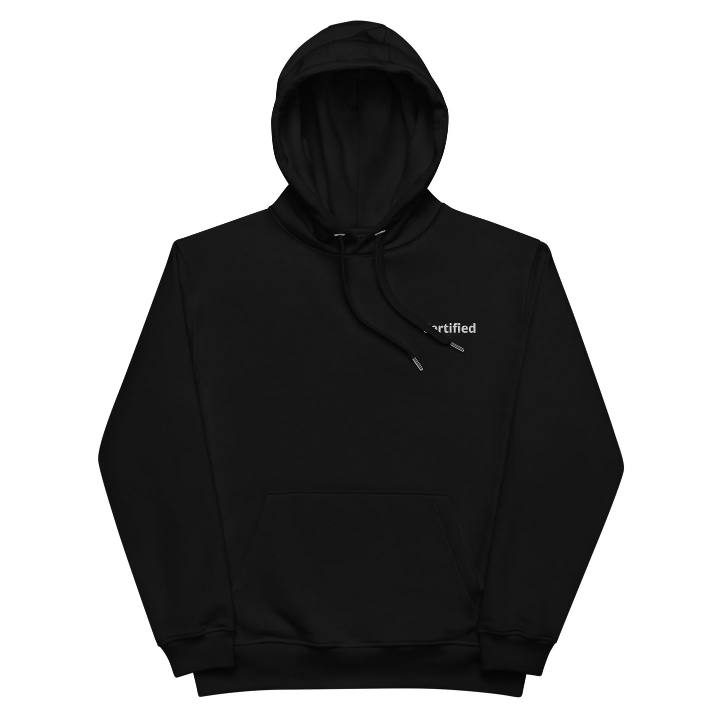 Front view of our ‘No Huddle Just Go’ luxe Unisex hoodie in black, featuring ‘Certified’ premium embroidered in white text on front and “Side Dude” graphic in white and purple on back. Add this signature hoodie to your collection! Customers love our luxe hoodies because they have all the essentials; organic cotton, soft fleece inside, comfortable Unisex fit and are heavy weight. This hoodie is available now in black and white & sizes S-3XL.