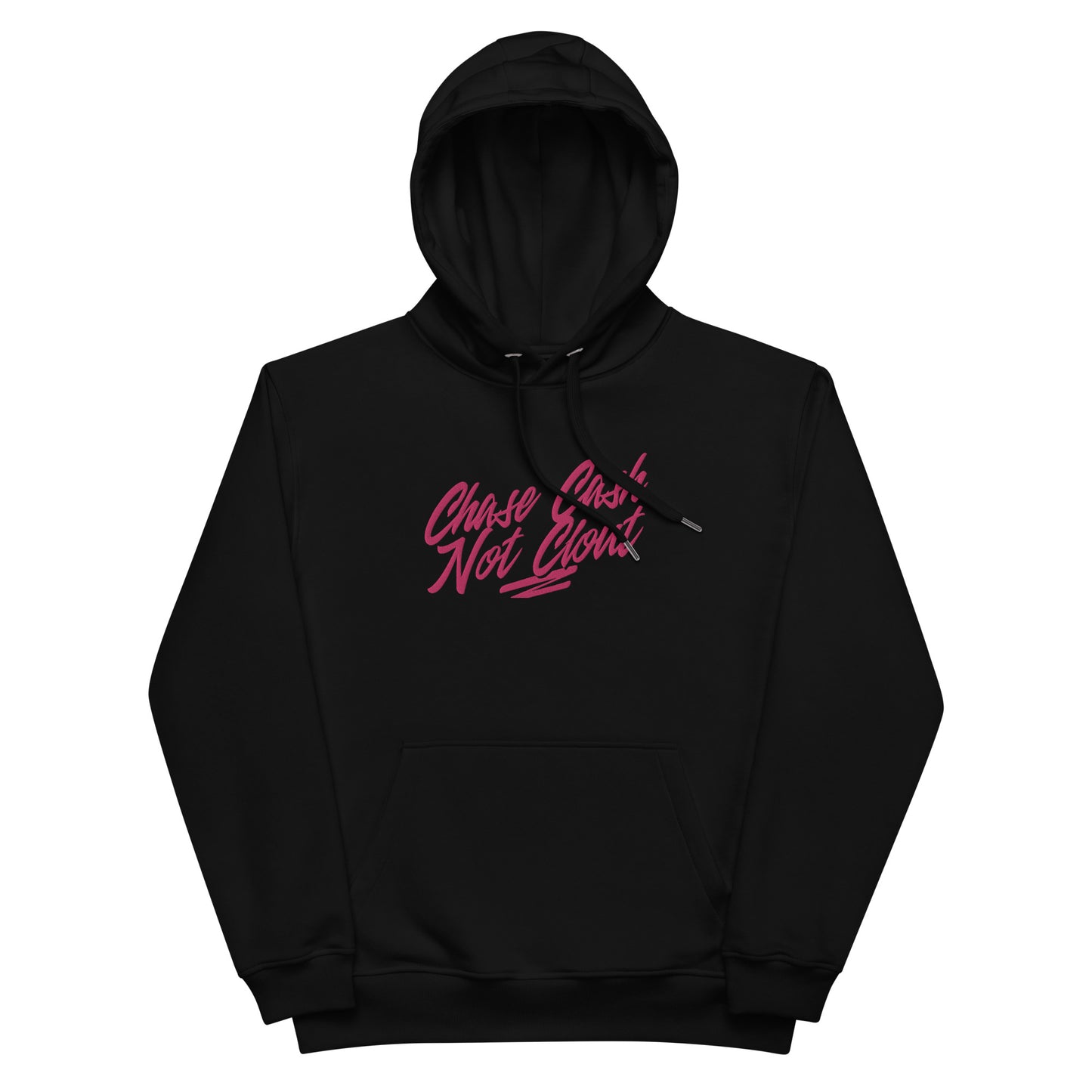 Front view of our ‘No Huddle Just Go’ luxe Unisex hoodie in black, featuring “Chase Cash Not Clout”premium embroidered text in pink on front and a black backside. Add this signature hoodie to your collection! Customers love our luxe hoodies because they have all the essentials; organic cotton, soft fleece inside, comfortable Unisex fit and are heavy weight. This hoodie is available now in black and white & sizes S-3XL.