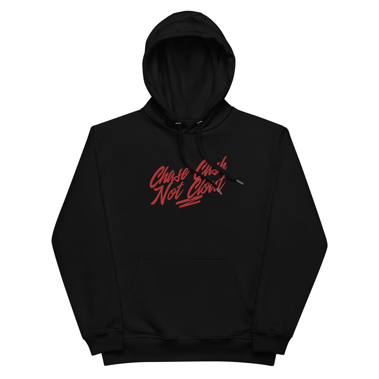 Front view of our ‘No Huddle Just Go’ luxe Unisex hoodie in black, featuring “Chase Cash Not Clout” premium embroidered text on front in red and a black backside. Add this signature hoodie to your collection! Customers love our luxe hoodies because they have all the essentials; organic cotton, soft fleece inside, comfortable Unisex fit and are heavy weight. This hoodie is available now in black and white & sizes S-3XL.