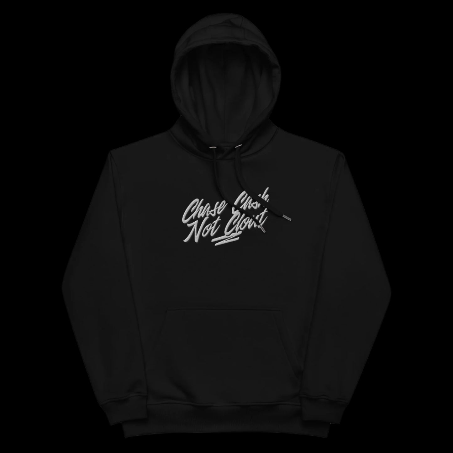 Front view of our ‘No Huddle Just Go’ luxe Unisex hoodie in black, featuring “Chase Cash Not Clout”premium embroidered text on front in white and a black backside. Add this signature hoodie to your collection! Customers love our luxe hoodies because they have all the essentials; organic cotton, soft fleece inside, comfortable Unisex fit and are heavy weight. This hoodie is available now in black and white & sizes S-3XL.