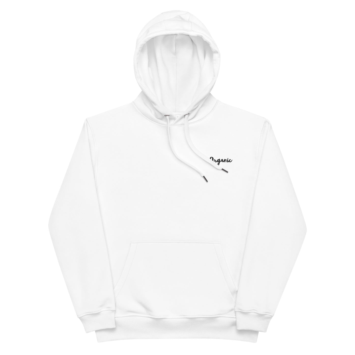 Front view of our ‘No Huddle Just Go’ luxe Unisex hoodie in white, featuring ‘Organic’ premium embroidered text on front and “Quality Man Ingredients” graphic in black and red on back. Add this signature hoodie to your collection! Customers love our luxe hoodies because they have all the essentials; organic cotton, soft fleece inside, comfortable Unisex fit and are heavy weight. This hoodie is available now in black and white & sizes S-3XL.