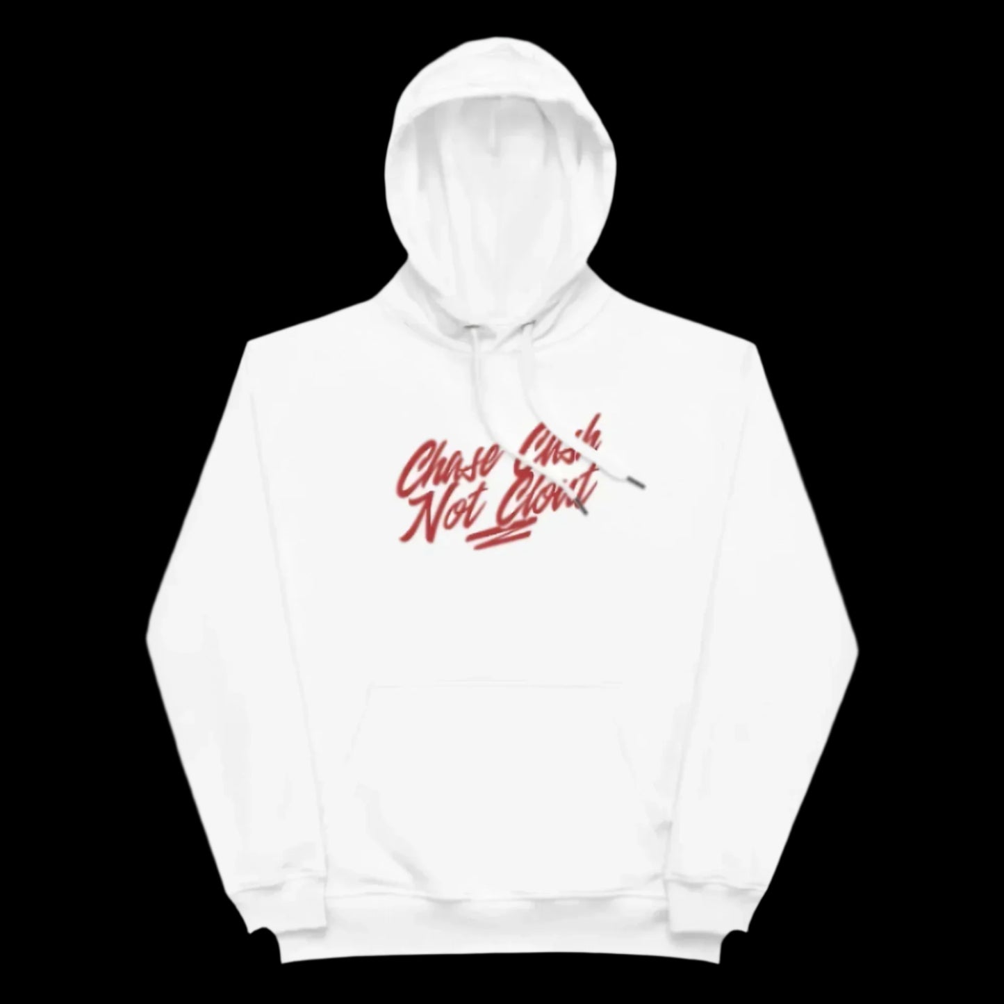 Front view of our ‘No Huddle Just Go’ luxe Unisex hoodie in white, featuring “Chase Cash Not Clout”premium embroidered text on front in red and a white backside. Add this signature hoodie to your collection! Customers love our luxe hoodies because they have all the essentials; organic cotton, soft fleece inside, comfortable Unisex fit and are heavy weight. This hoodie is available now in black and white & sizes S-3XL.