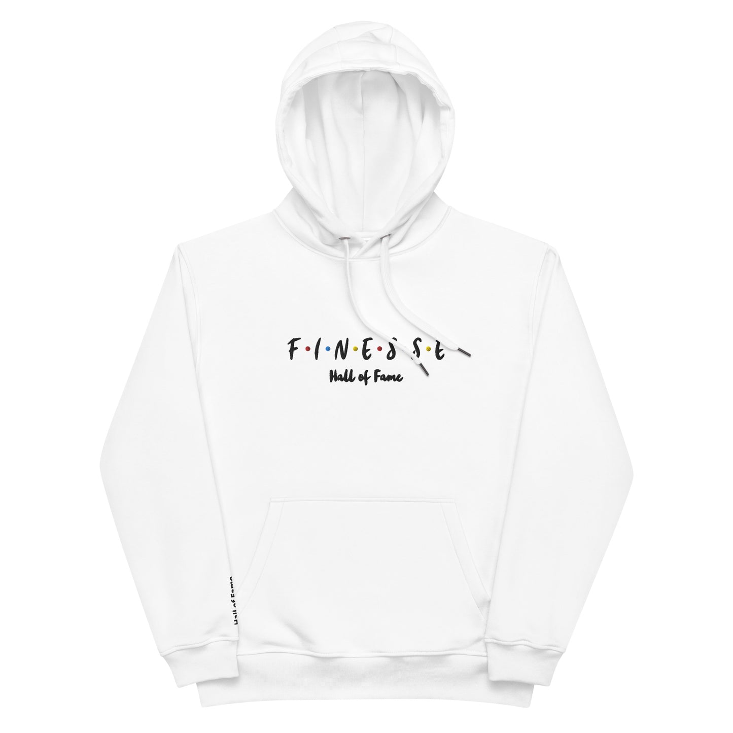 Front view of our ‘Finesse Hall of Fame’ luxe Unisex hoodie in white, featuring “Hall of Fame” premium graphic design text on sleeve in black and a white backside. Add this signature hoodie to your collection! Customers love our luxe hoodies because they have all the essentials; organic cotton, soft fleece inside, comfortable Unisex fit and are heavy weight. This hoodie is available now in black and white & sizes S-3XL