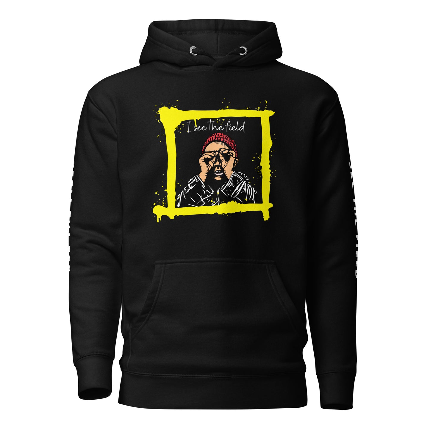 Add this signature “See the Field” design to your hoodie collection! Customers love our “No Huddle Just Go” premium hoodies because they have all the essentials; quality 100% cotton, comfort-fitted hood, matching drawstrings, and a front pocket. Front of the hoodie has a black, white and yellow graphic design and both sleeves have printed white text “See the Field”. This hoodie is available now in various colors & sizes S-3XL. This image is black.