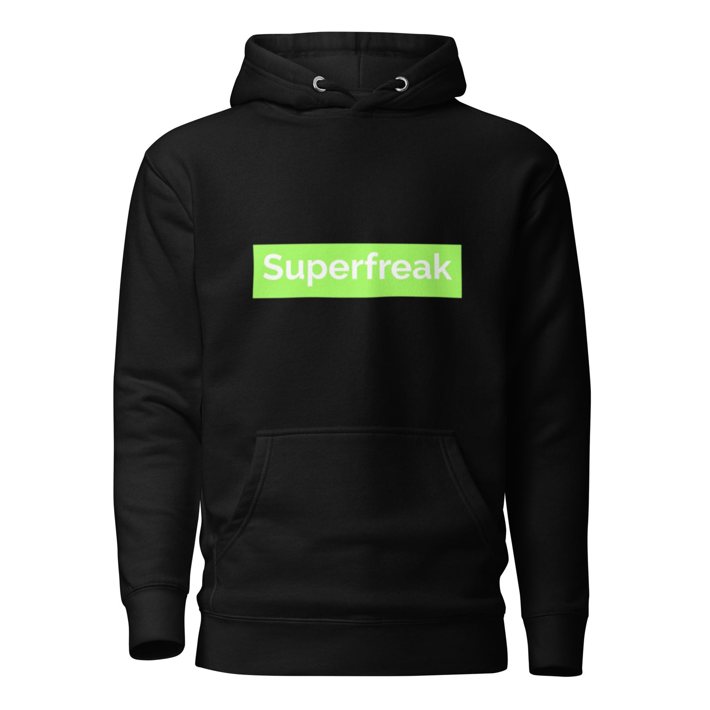 If “Say Less” was a person, they’d be wearing our “Super Freak” black premium hoodie. This exclusive hoodie does the talking while you exude style and confidence. Customers love our “No Huddle Just Go” premium hoodies because they have all the essentials; quality 100% cotton, comfort-fitted hood, matching drawstrings, and a front pocket. Front of the hoodie has “Super Freak” in lime green text. This hoodie is available now in various colors & sizes S-3XL. Back is black.