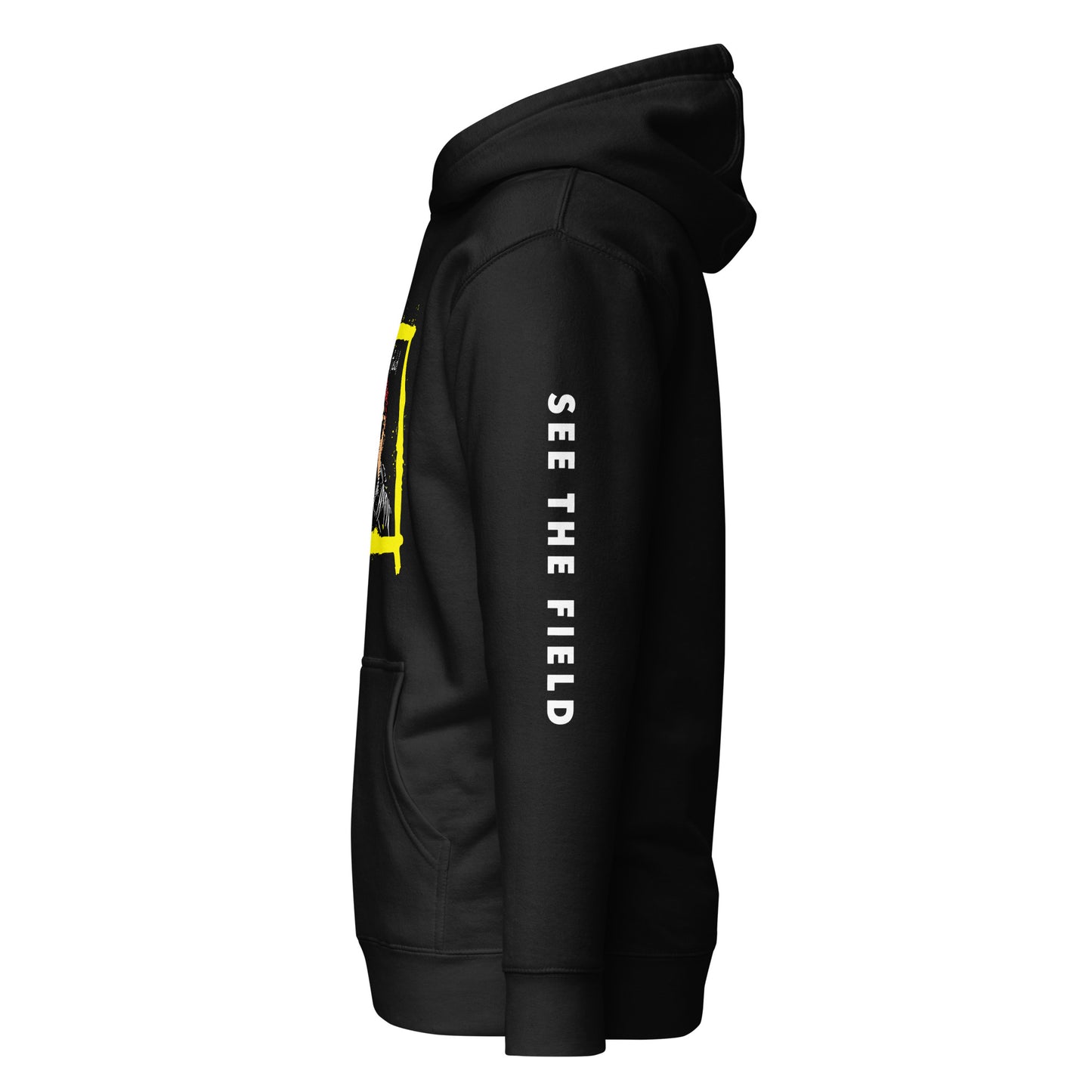 Add this signature “See the Field” design to your hoodie collection! Customers love our “No Huddle Just Go” premium hoodies because they have all the essentials; quality 100% cotton, comfort-fitted hood, matching drawstrings, and a front pocket. Front of the hoodie has a black, white and yellow graphic design and both sleeves have printed white text “See the Field”. This hoodie is available now in various colors & sizes S-3XL. This image shows the sleeve of the hoodie. This image is black.