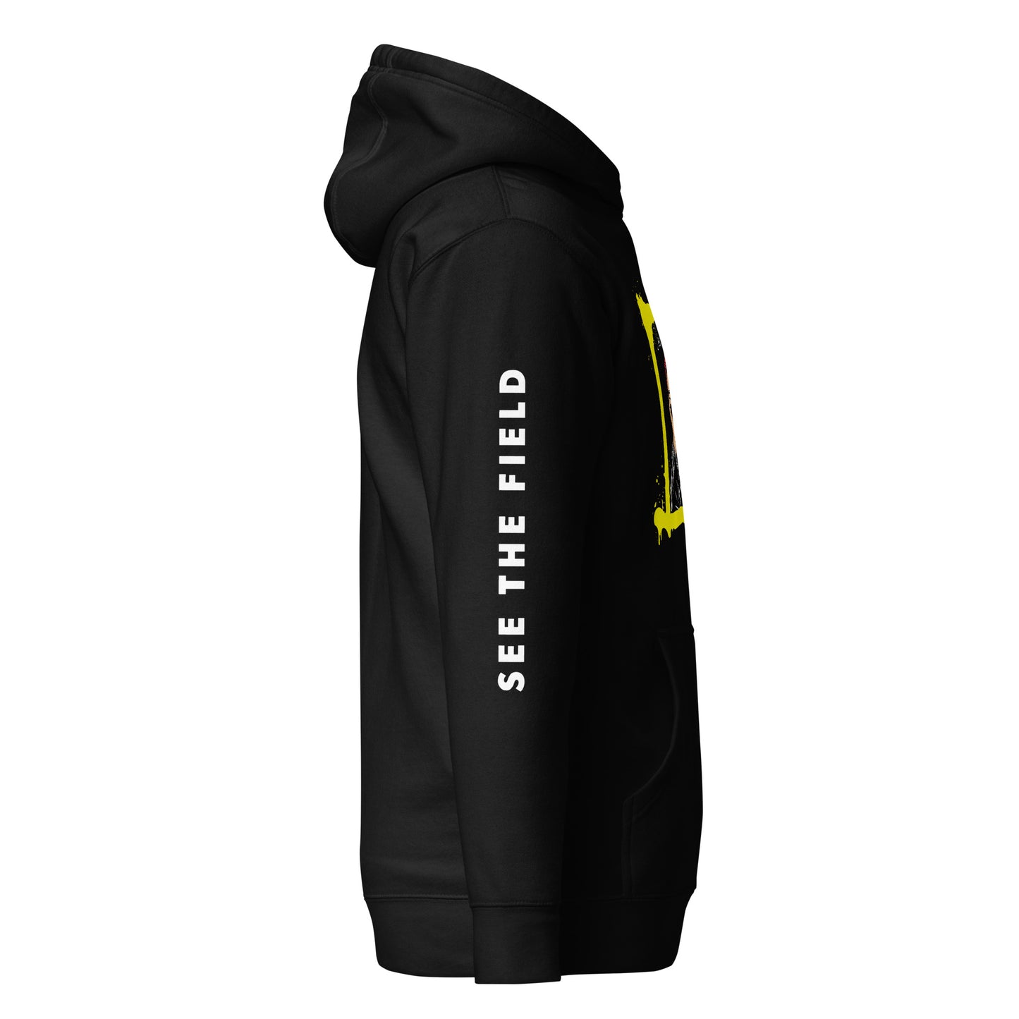 Add this signature “See the Field” design to your hoodie collection! Customers love our “No Huddle Just Go” premium hoodies because they have all the essentials; quality 100% cotton, comfort-fitted hood, matching drawstrings, and a front pocket. Front of the hoodie has a black, white and yellow graphic design and both sleeves have printed white text “See the Field”. This hoodie is available now in various colors & sizes S-3XL. This image shows the sleeve of the hoodie. This image is black.