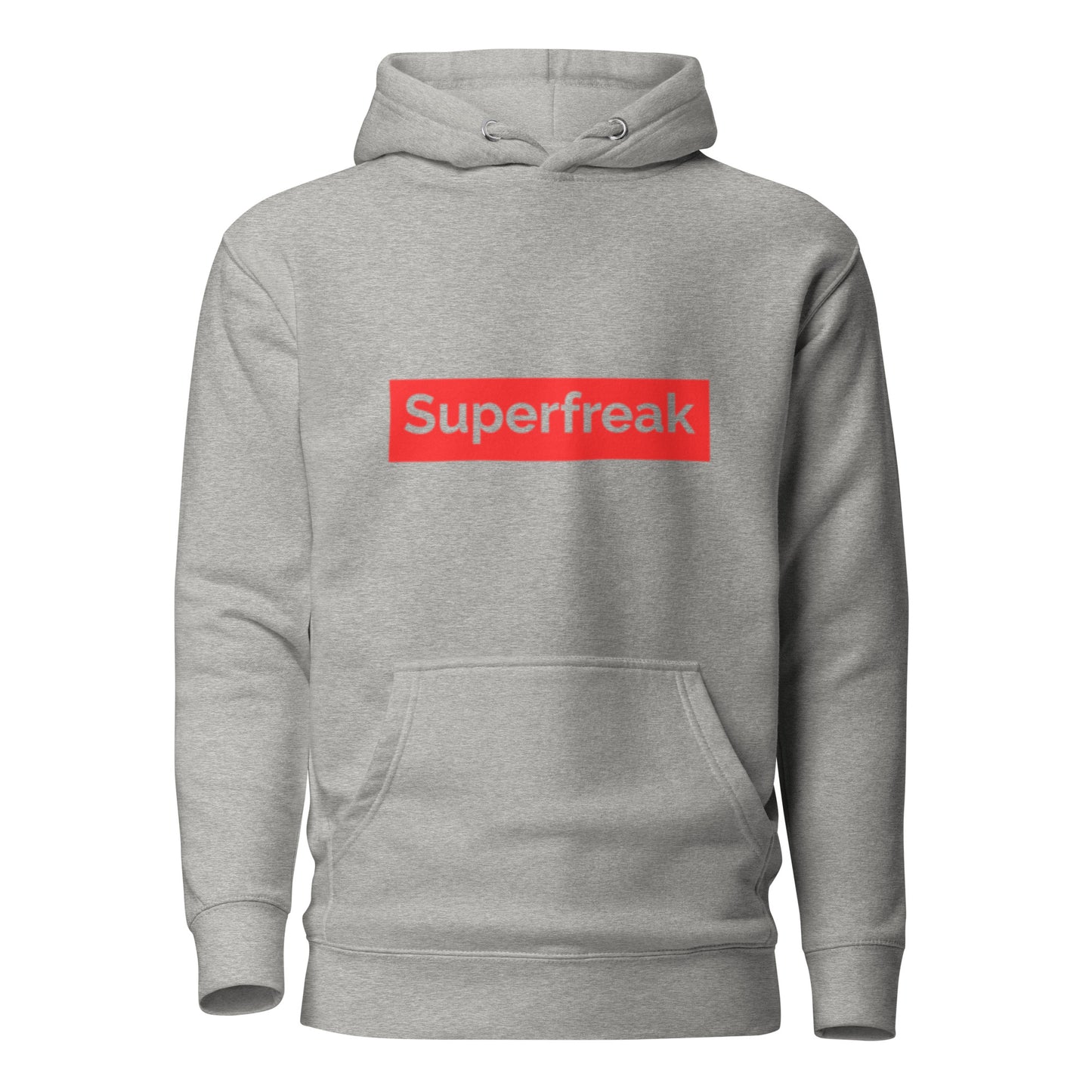 If “Say Less” was a person, they’d be wearing our “Super Freak” carbon grey premium hoodie. This exclusive hoodie does the talking while you exude style and confidence. Customers love our “No Huddle Just Go” premium hoodies because they have all the essentials; quality 100% cotton, comfort-fitted hood, matching drawstrings, and a front pocket. Front of the hoodie has “Super Freak” in red text. This hoodie is available now in various colors & sizes S-3XL. Back is carbon grey.