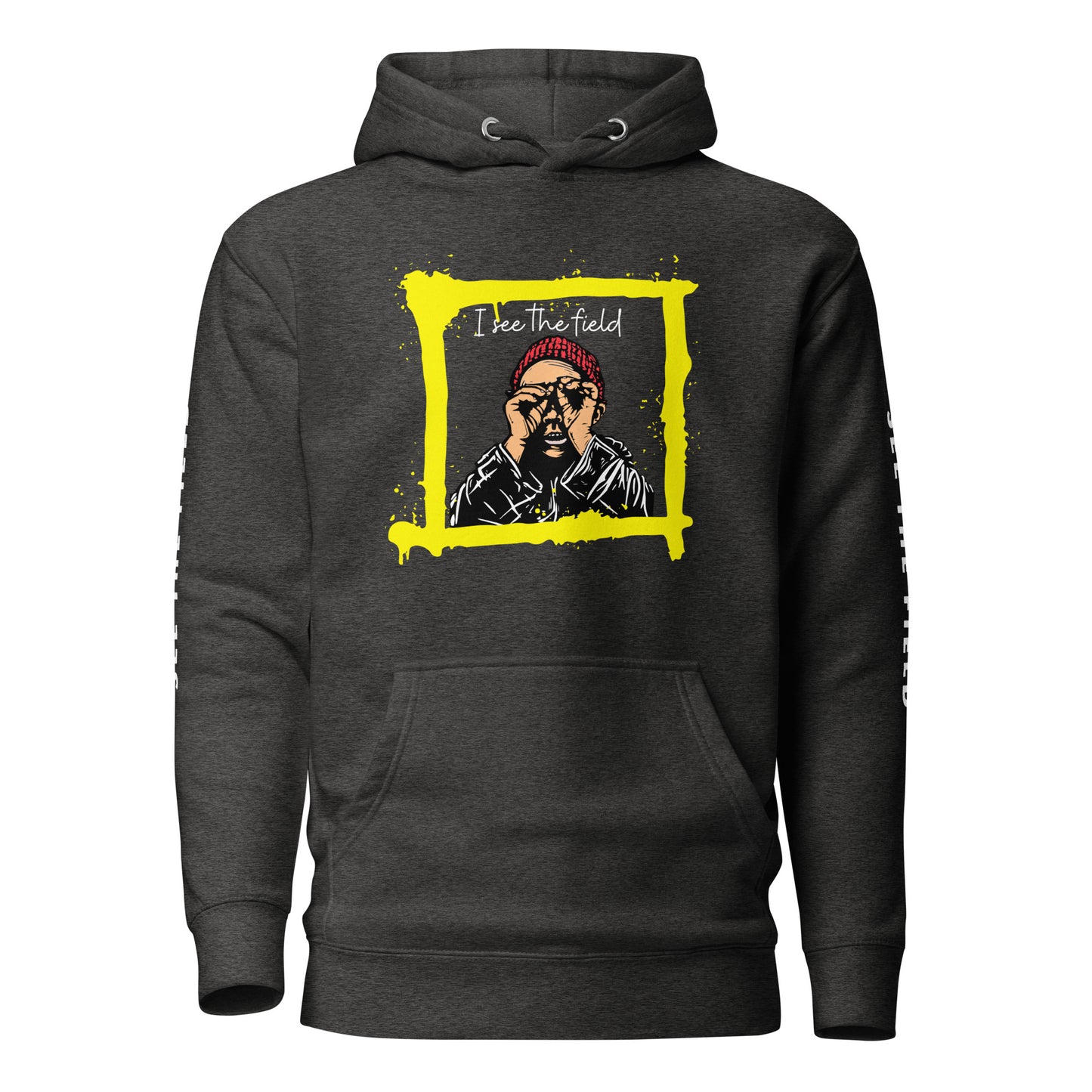 Add this signature “See the Field” design to your hoodie collection! Customers love our “No Huddle Just Go” premium hoodies because they have all the essentials; quality 100% cotton, comfort-fitted hood, matching drawstrings, and a front pocket. Front of the hoodie has a black, white and yellow graphic design and both sleeves have printed white text “See the Field”. This hoodie is available now in various colors & sizes S-3XL. This image is charcoal.