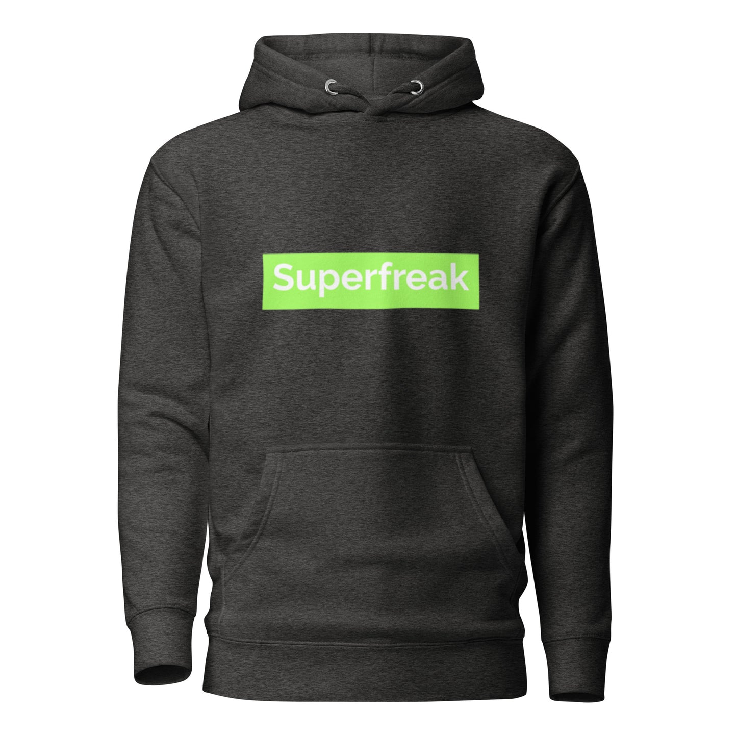 If “Say Less” was a person, they’d be wearing our “Super Freak” charcoal grey premium hoodie. This exclusive hoodie does the talking while you exude style and confidence. Customers love our “No Huddle Just Go” premium hoodies because they have all the essentials; quality 100% cotton, comfort-fitted hood, matching drawstrings, and a front pocket. Front of the hoodie has “Super Freak” in lime green text. This hoodie is available now in various colors & sizes S-3XL. Back is charcoal grey.