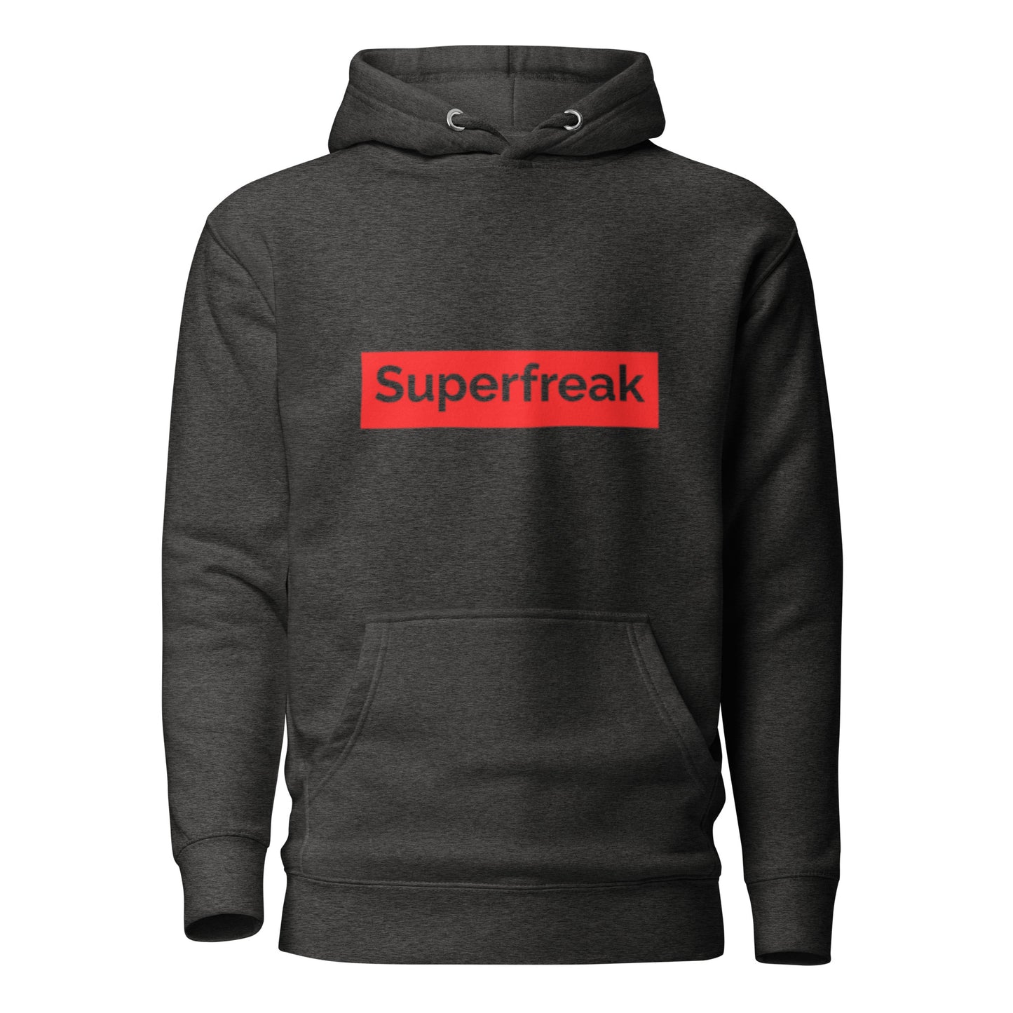 If “Say Less” was a person, they’d be wearing our “Super Freak” charcoal grey premium hoodie. This exclusive hoodie does the talking while you exude style and confidence. Customers love our “No Huddle Just Go” premium hoodies because they have all the essentials; quality 100% cotton, comfort-fitted hood, matching drawstrings, and a front pocket. Front of the hoodie has “Super Freak” in red text. This hoodie is available now in various colors & sizes S-3XL. Back is charcoal grey.
