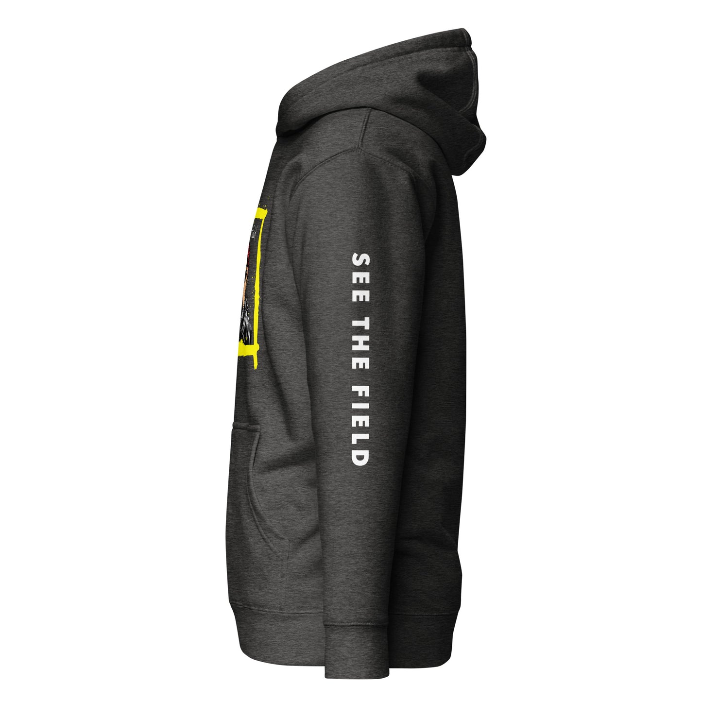 Add this signature “See the Field” design to your hoodie collection! Customers love our “No Huddle Just Go” premium hoodies because they have all the essentials; quality 100% cotton, comfort-fitted hood, matching drawstrings, and a front pocket. Front of the hoodie has a black, white and yellow graphic design and both sleeves have printed white text “See the Field”. This hoodie is available now in various colors & sizes S-3XL. This image shows the sleeve of the hoodie. This image is charcoal.