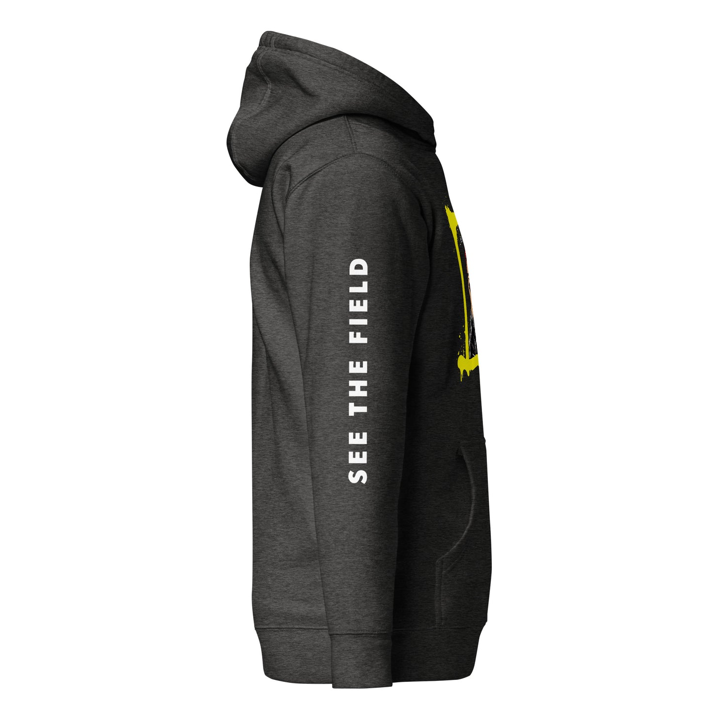 Add this signature “See the Field” design to your hoodie collection! Customers love our “No Huddle Just Go” premium hoodies because they have all the essentials; quality 100% cotton, comfort-fitted hood, matching drawstrings, and a front pocket. Front of the hoodie has a black, white and yellow graphic design and both sleeves have printed white text “See the Field”. This hoodie is available now in various colors & sizes S-3XL. This image shows the sleeve of the hoodie. This image is charcoal.