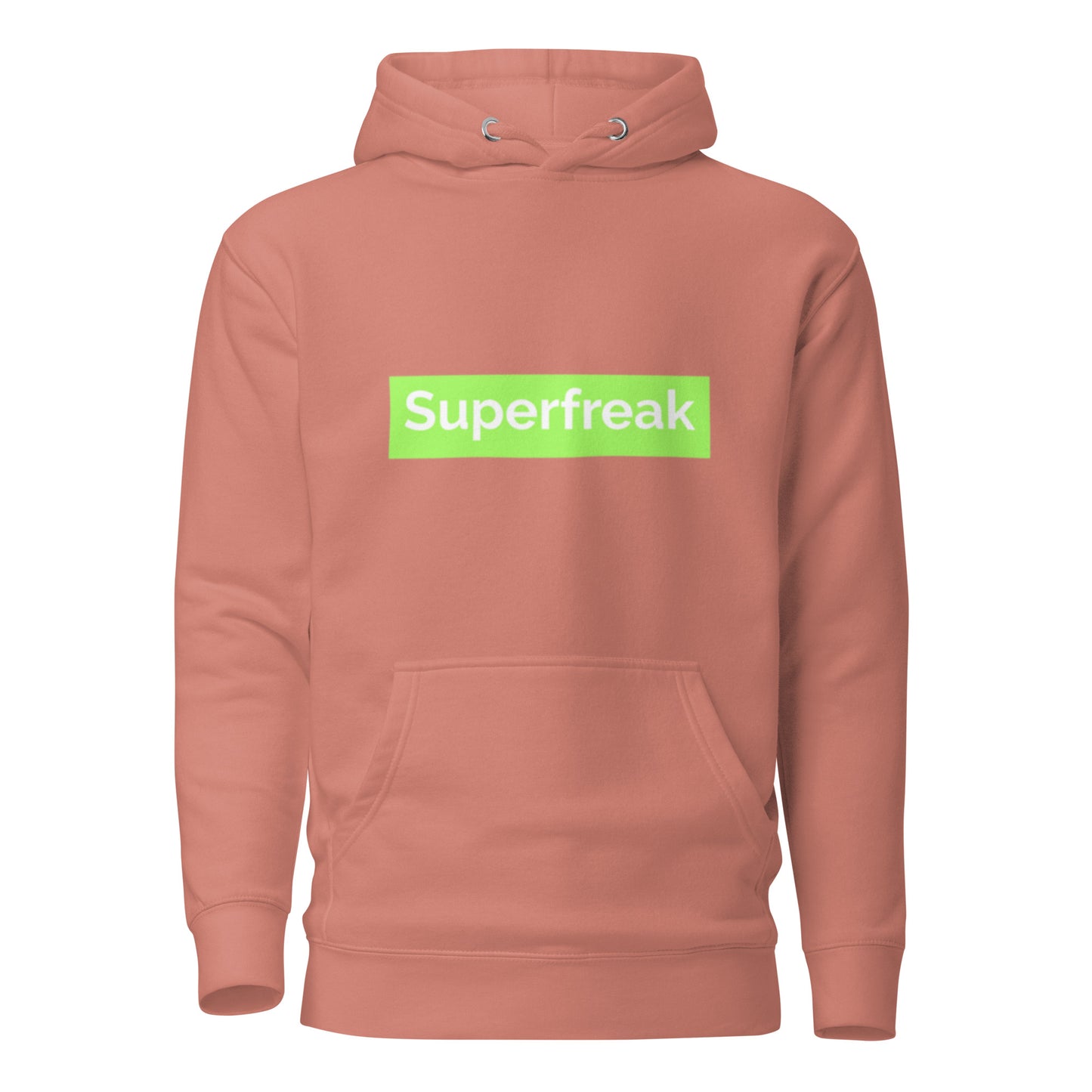 If “Say Less” was a person, they’d be wearing our “Super Freak” dusty rose premium hoodie. This exclusive hoodie does the talking while you exude style and confidence. Customers love our “No Huddle Just Go” premium hoodies because they have all the essentials; quality 100% cotton, comfort-fitted hood, matching drawstrings, and a front pocket. Front of the hoodie has “Super Freak” in lime green text. This hoodie is available now in various colors & sizes S-3XL. Back is dusty rose.