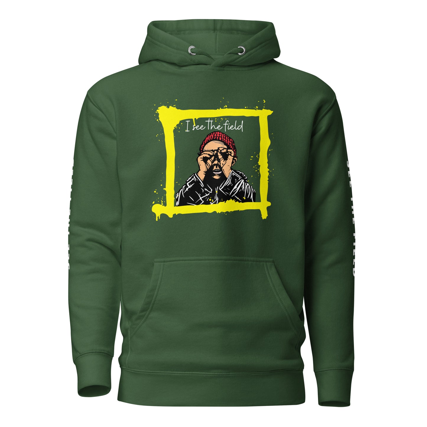 Add this signature “See the Field” design to your hoodie collection! Customers love our “No Huddle Just Go” premium hoodies because they have all the essentials; quality 100% cotton, comfort-fitted hood, matching drawstrings, and a front pocket. Front of the hoodie has a black, white and yellow graphic design and both sleeves have printed white text “See the Field”. This hoodie is available now in various colors & sizes S-3XL. This image is green.
