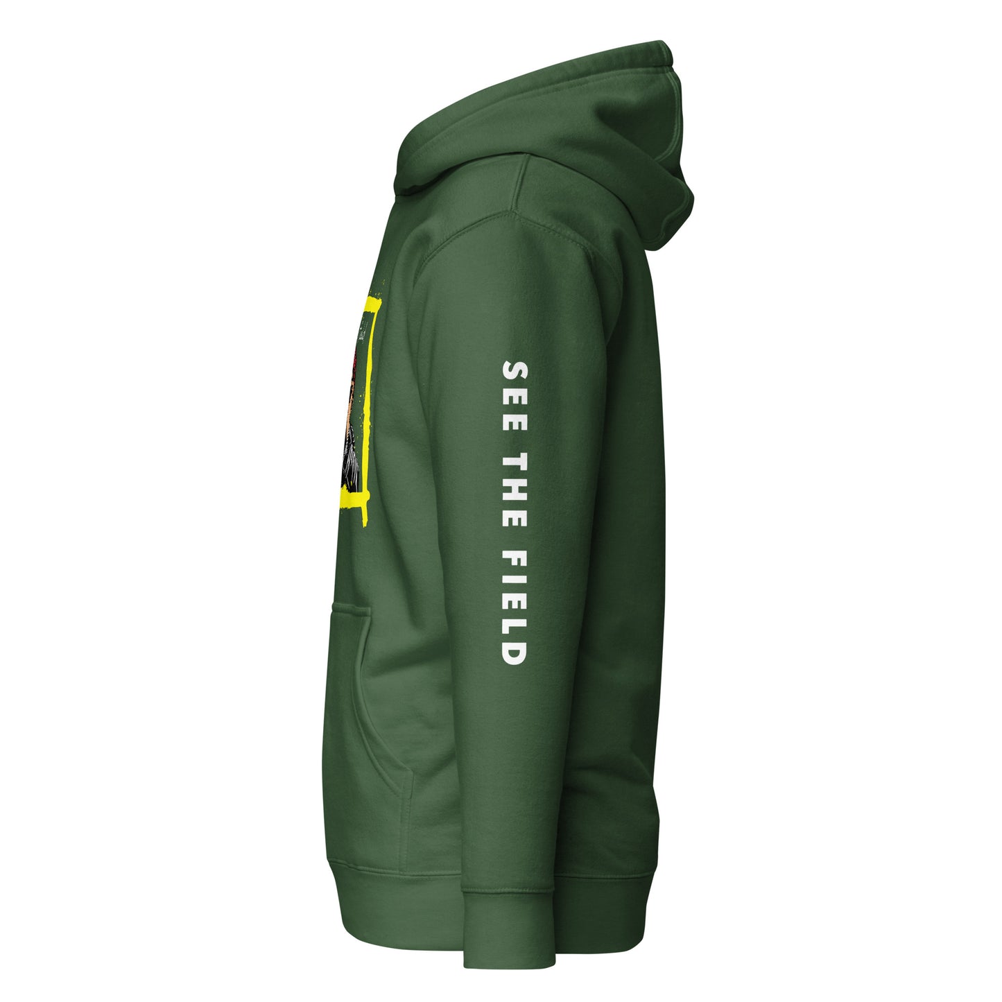 Add this signature “See the Field” design to your hoodie collection! Customers love our “No Huddle Just Go” premium hoodies because they have all the essentials; quality 100% cotton, comfort-fitted hood, matching drawstrings, and a front pocket. Front of the hoodie has a black, white and yellow graphic design and both sleeves have printed white text “See the Field”. This hoodie is available now in various colors & sizes S-3XL. This image shows the sleeve of the hoodie. This image is green.