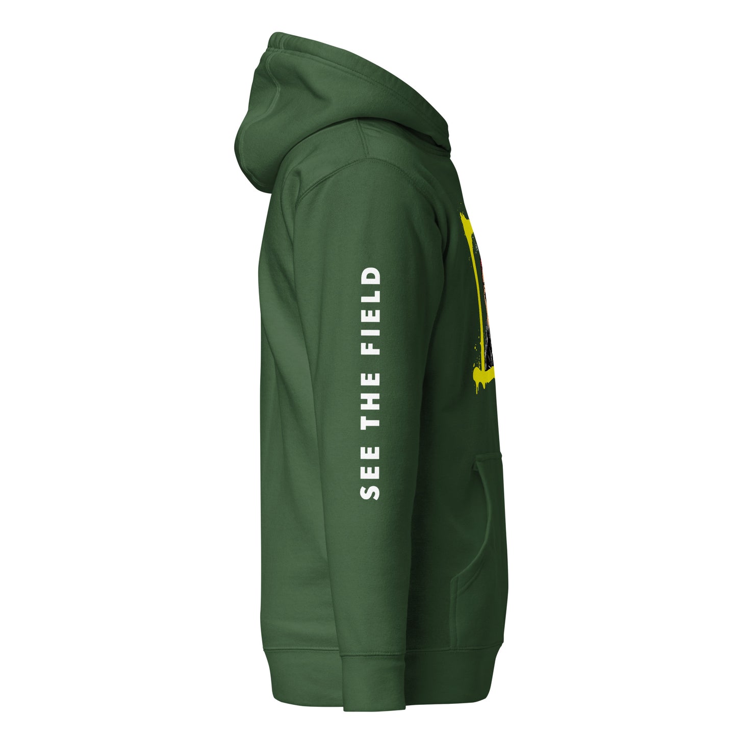 Add this signature “See the Field” design to your hoodie collection! Customers love our “No Huddle Just Go” premium hoodies because they have all the essentials; quality 100% cotton, comfort-fitted hood, matching drawstrings, and a front pocket. Front of the hoodie has a black, white and yellow graphic design and both sleeves have printed white text “See the Field”. This hoodie is available now in various colors & sizes S-3XL. This image shows the sleeve of the hoodie. This image is green.