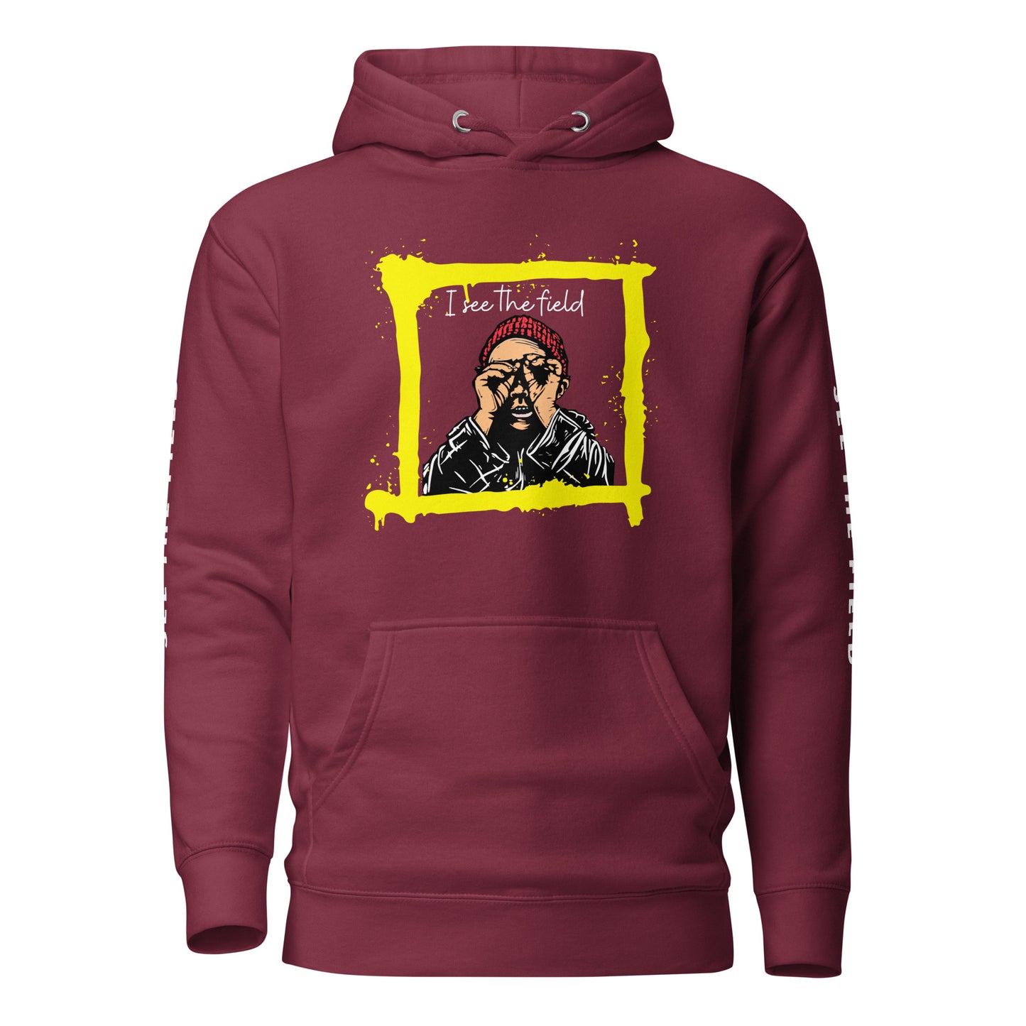 Add this signature “See the Field” design to your hoodie collection! Customers love our “No Huddle Just Go” premium hoodies because they have all the essentials; quality 100% cotton, comfort-fitted hood, matching drawstrings, and a front pocket. Front of the hoodie has a black, white and yellow graphic design and both sleeves have printed white text “See the Field”. This hoodie is available now in various colors & sizes S-3XL. This image is maroon.