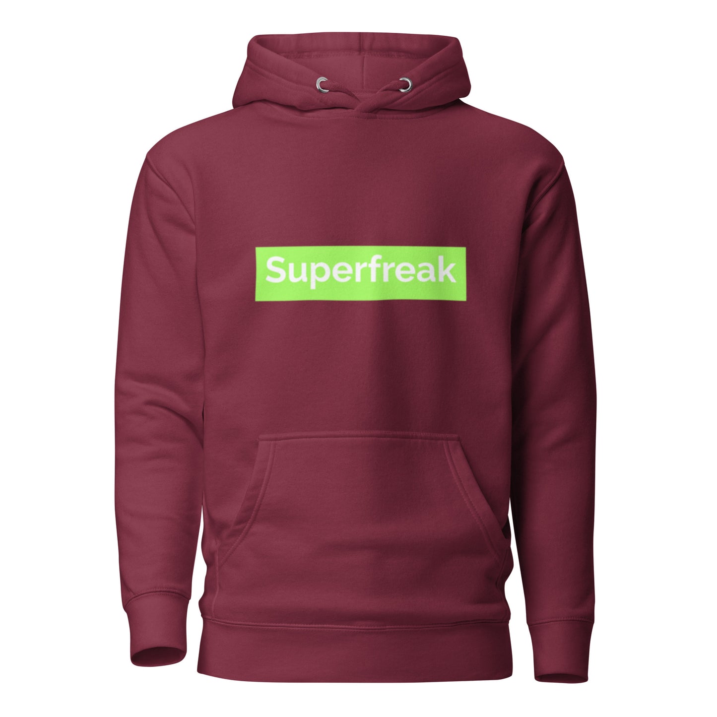 If “Say Less” was a person, they’d be wearing our “Super Freak” maroon premium hoodie. This exclusive hoodie does the talking while you exude style and confidence. Customers love our “No Huddle Just Go” premium hoodies because they have all the essentials; quality 100% cotton, comfort-fitted hood, matching drawstrings, and a front pocket. Front of the hoodie has “Super Freak” in lime green text. This hoodie is available now in various colors & sizes S-3XL. Back is maroon.