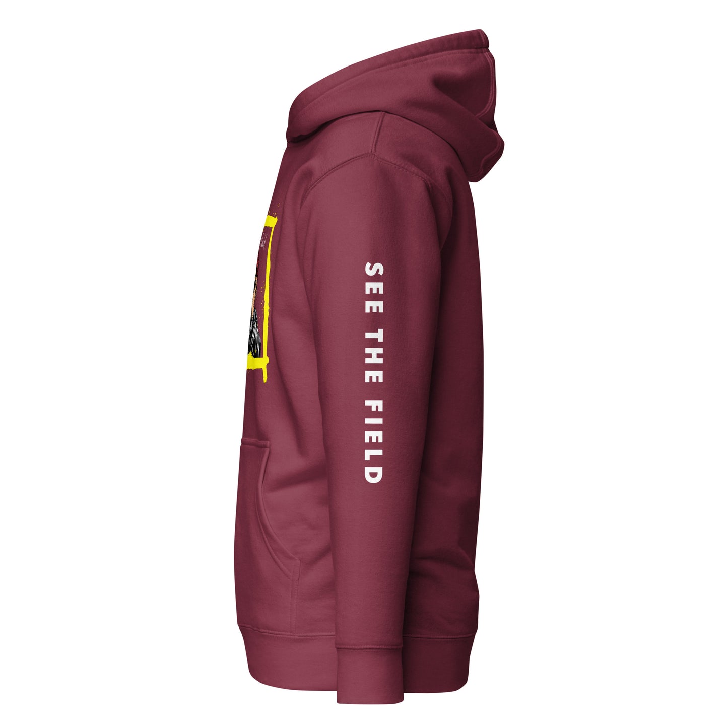 Add this signature “See the Field” design to your hoodie collection! Customers love our “No Huddle Just Go” premium hoodies because they have all the essentials; quality 100% cotton, comfort-fitted hood, matching drawstrings, and a front pocket. Front of the hoodie has a black, white and yellow graphic design and both sleeves have printed white text “See the Field”. This hoodie is available now in various colors & sizes S-3XL. This image shows the sleeve of the hoodie. This image is maroon.
