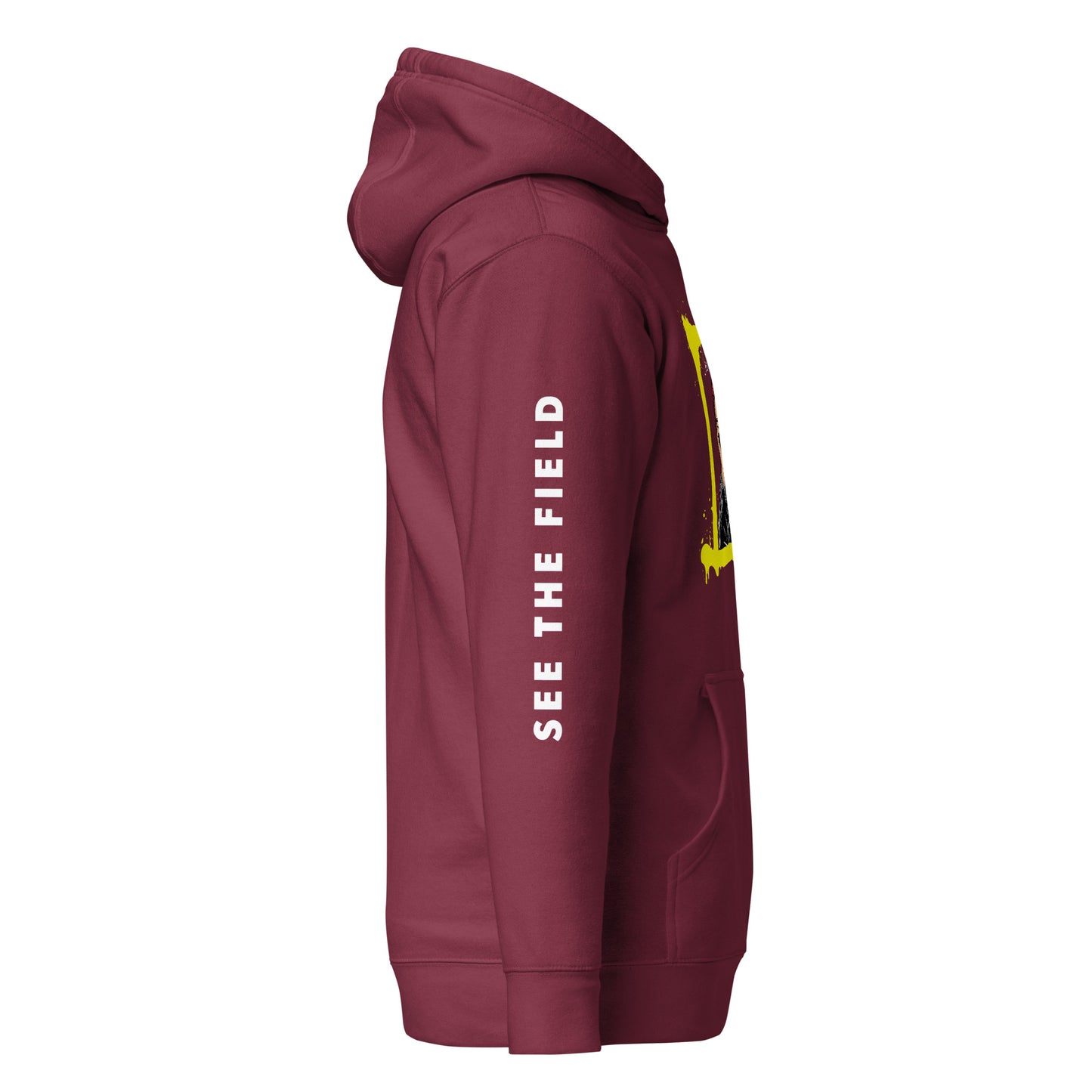 Add this signature “See the Field” design to your hoodie collection! Customers love our “No Huddle Just Go” premium hoodies because they have all the essentials; quality 100% cotton, comfort-fitted hood, matching drawstrings, and a front pocket. Front of the hoodie has a black, white and yellow graphic design and both sleeves have printed white text “See the Field”. This hoodie is available now in various colors & sizes S-3XL. This image shows the sleeve of the hoodie. This image is maroon.