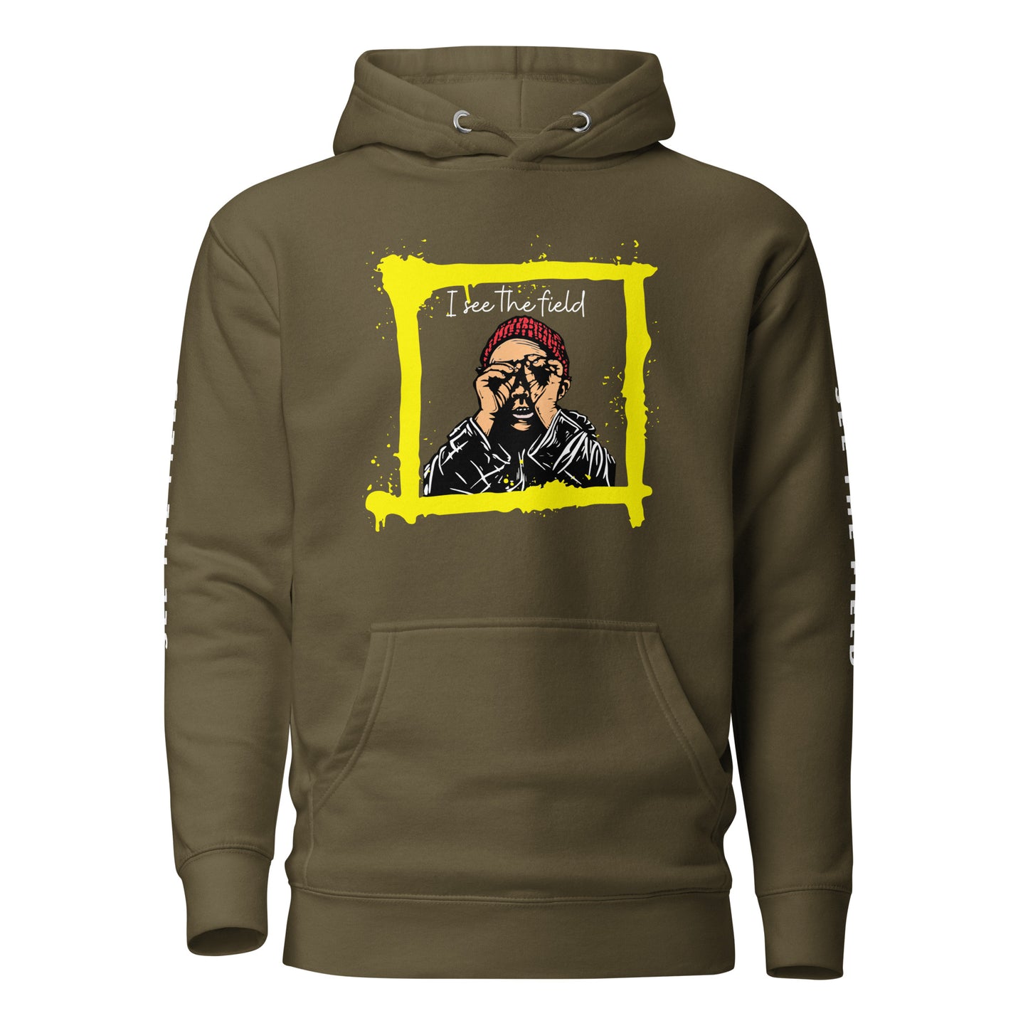 Add this signature “See the Field” design to your hoodie collection! Customers love our “No Huddle Just Go” premium hoodies because they have all the essentials; quality 100% cotton, comfort-fitted hood, matching drawstrings, and a front pocket. Front of the hoodie has a black, white and yellow graphic design and both sleeves have printed white text “See the Field”. This hoodie is available now in various colors & sizes S-3XL. This image is military green.
