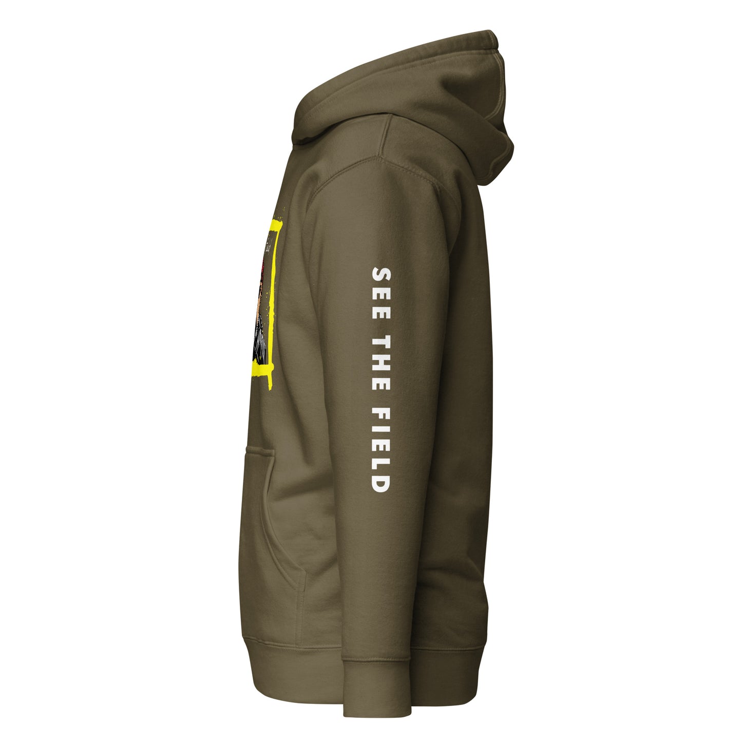 Add this signature “See the Field” design to your hoodie collection! Customers love our “No Huddle Just Go” premium hoodies because they have all the essentials; quality 100% cotton, comfort-fitted hood, matching drawstrings, and a front pocket. Front of the hoodie has a black, white and yellow graphic design and both sleeves have printed white text “See the Field”. This hoodie is available now in various colors & sizes S-3XL. This image shows the sleeve of the hoodie. This image is military green.