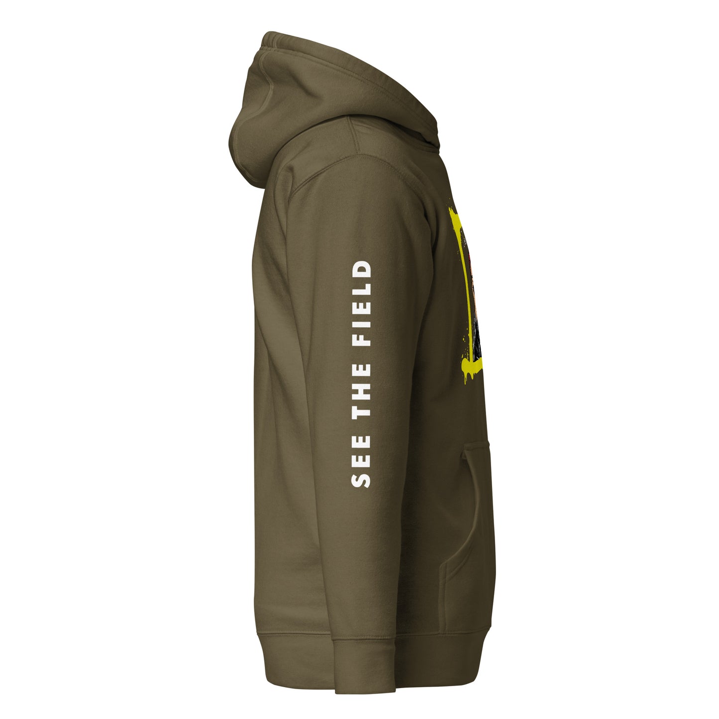 Add this signature “See the Field” design to your hoodie collection! Customers love our “No Huddle Just Go” premium hoodies because they have all the essentials; quality 100% cotton, comfort-fitted hood, matching drawstrings, and a front pocket. Front of the hoodie has a black, white and yellow graphic design and both sleeves have printed white text “See the Field”. This hoodie is available now in various colors & sizes S-3XL. This image shows the sleeve of the hoodie. This image is military green.