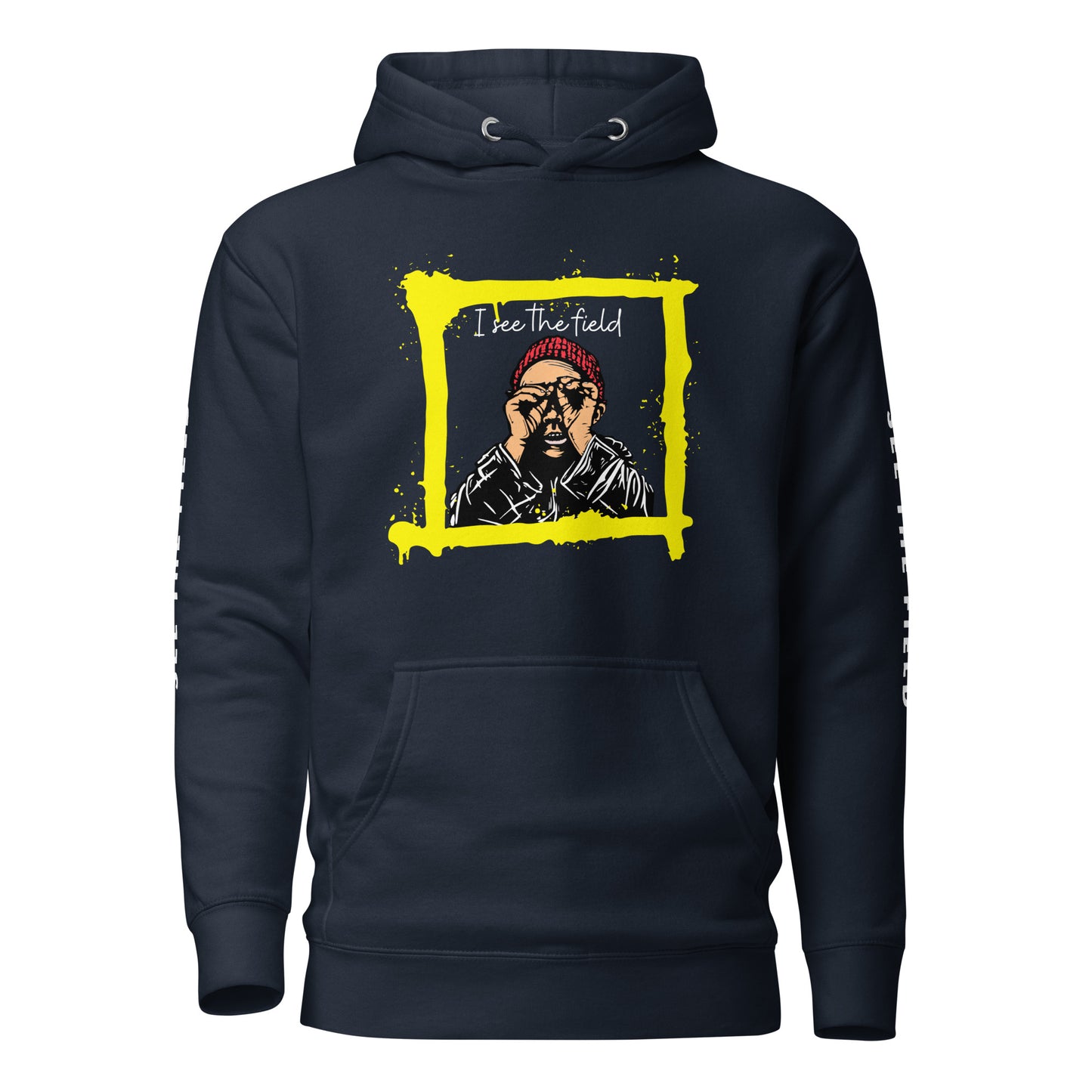 Add this signature “See the Field” design to your hoodie collection! Customers love our “No Huddle Just Go” premium hoodies because they have all the essentials; quality 100% cotton, comfort-fitted hood, matching drawstrings, and a front pocket. Front of the hoodie has a black, white and yellow graphic design and both sleeves have printed white text “See the Field”. This hoodie is available now in various colors & sizes S-3XL. This image is navy blue.