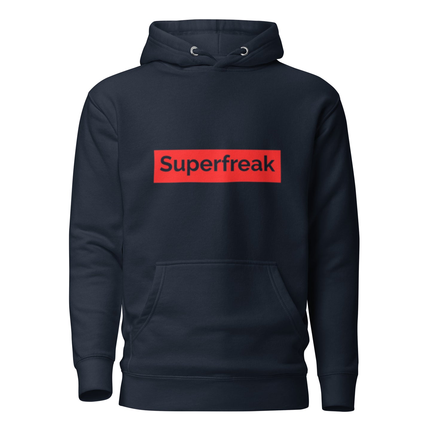 If “Say Less” was a person, they’d be wearing our “Super Freak” navy blue premium hoodie. This exclusive hoodie does the talking while you exude style and confidence. Customers love our “No Huddle Just Go” premium hoodies because they have all the essentials; quality 100% cotton, comfort-fitted hood, matching drawstrings, and a front pocket. Front of the hoodie has “Super Freak” in red text. This hoodie is available now in various colors & sizes S-3XL. Back is navy blue.