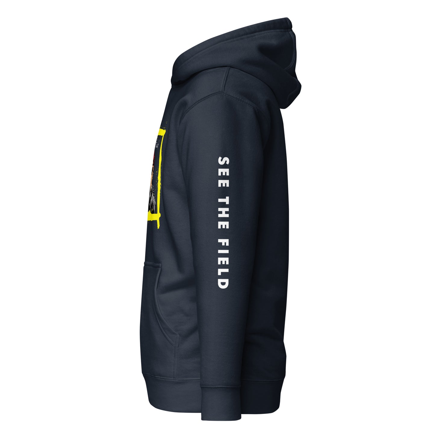 Add this signature “See the Field” design to your hoodie collection! Customers love our “No Huddle Just Go” premium hoodies because they have all the essentials; quality 100% cotton, comfort-fitted hood, matching drawstrings, and a front pocket. Front of the hoodie has a black, white and yellow graphic design and both sleeves have printed white text “See the Field”. This hoodie is available now in various colors & sizes S-3XL. This image shows the sleeve of the hoodie. This image is navy blue.