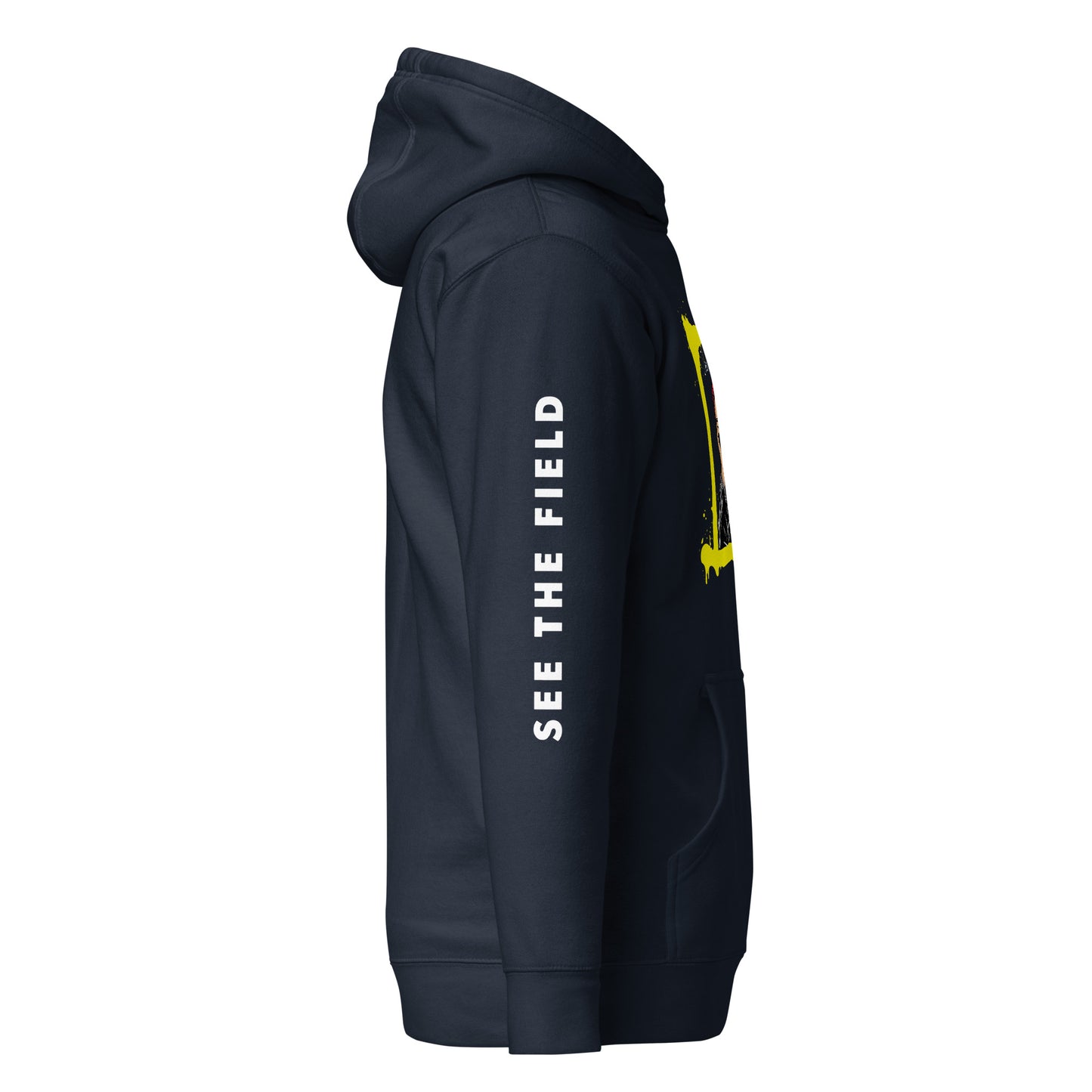 Add this signature “See the Field” design to your hoodie collection! Customers love our “No Huddle Just Go” premium hoodies because they have all the essentials; quality 100% cotton, comfort-fitted hood, matching drawstrings, and a front pocket. Front of the hoodie has a black, white and yellow graphic design and both sleeves have printed white text “See the Field”. This hoodie is available now in various colors & sizes S-3XL. This image shows the sleeve of the hoodie. This image is navy blue.