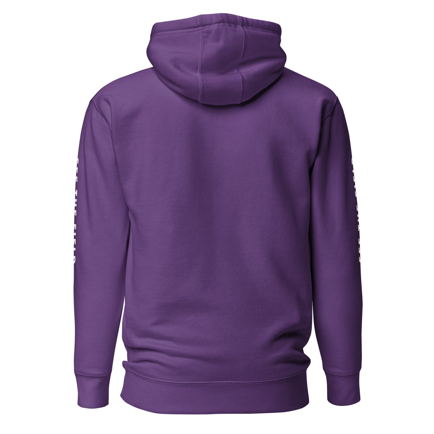 Add this signature “See the Field” design to your hoodie collection! Customers love our “No Huddle Just Go” premium hoodies because they have all the essentials; quality 100% cotton, comfort-fitted hood, matching drawstrings, and a front pocket. Front of the hoodie has a black, white and yellow graphic design and both sleeves have printed white text “See the Field”. This hoodie is available now in various colors & sizes S-3XL. This image shows the back of the hoodie which is purple.
