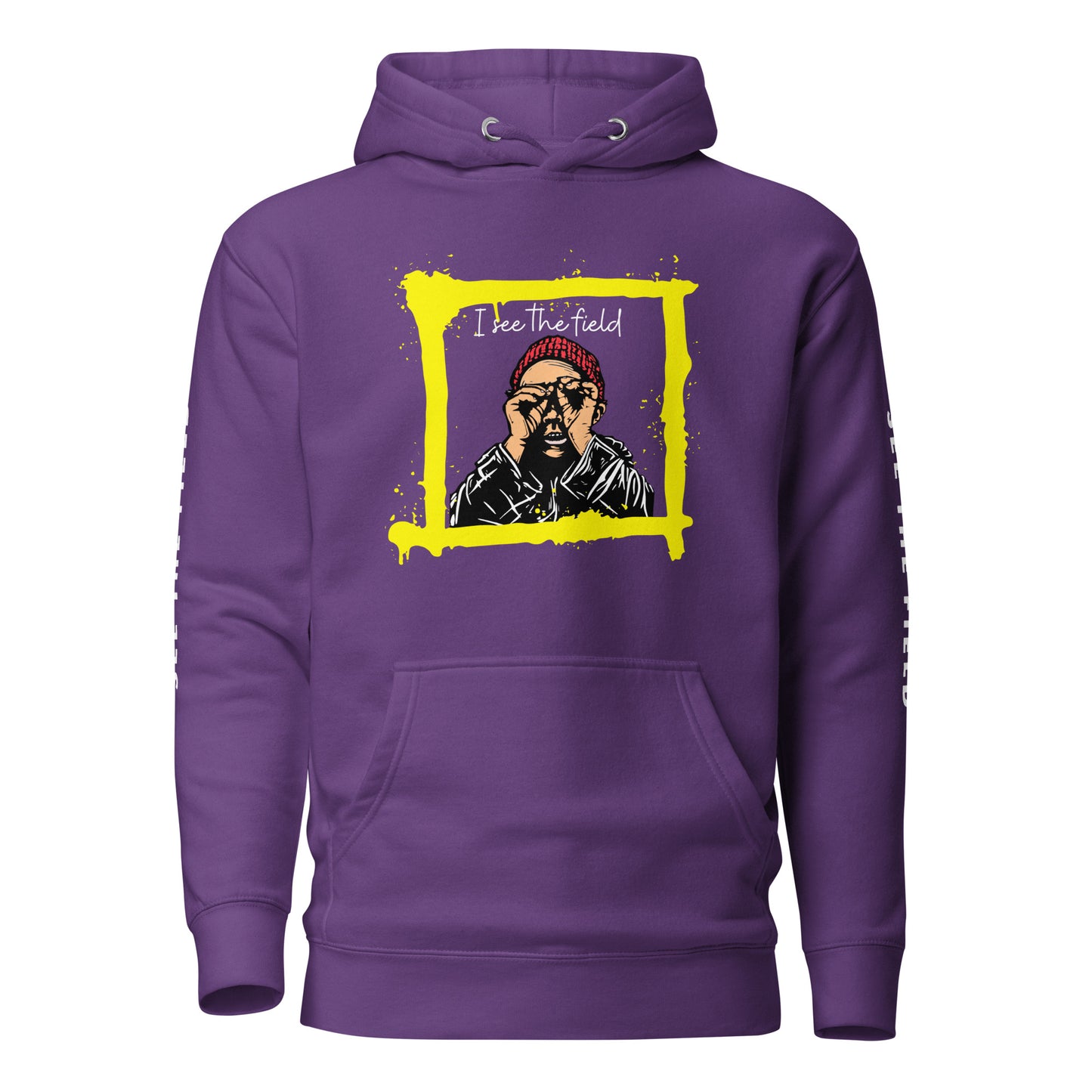 Add this signature “See the Field” design to your hoodie collection! Customers love our “No Huddle Just Go” premium hoodies because they have all the essentials; quality 100% cotton, comfort-fitted hood, matching drawstrings, and a front pocket. Front of the hoodie has a black, white and yellow graphic design and both sleeves have printed white text “See the Field”. This hoodie is available now in various colors & sizes S-3XL. This image is purple.
