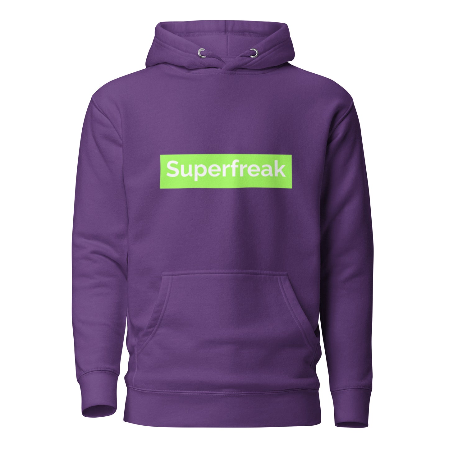 If “Say Less” was a person, they’d be wearing our “Super Freak” purple premium hoodie. This exclusive hoodie does the talking while you exude style and confidence. Customers love our “No Huddle Just Go” premium hoodies because they have all the essentials; quality 100% cotton, comfort-fitted hood, matching drawstrings, and a front pocket. Front of the hoodie has “Super Freak” in lime green text. This hoodie is available now in various colors & sizes S-3XL. Back is purple.
