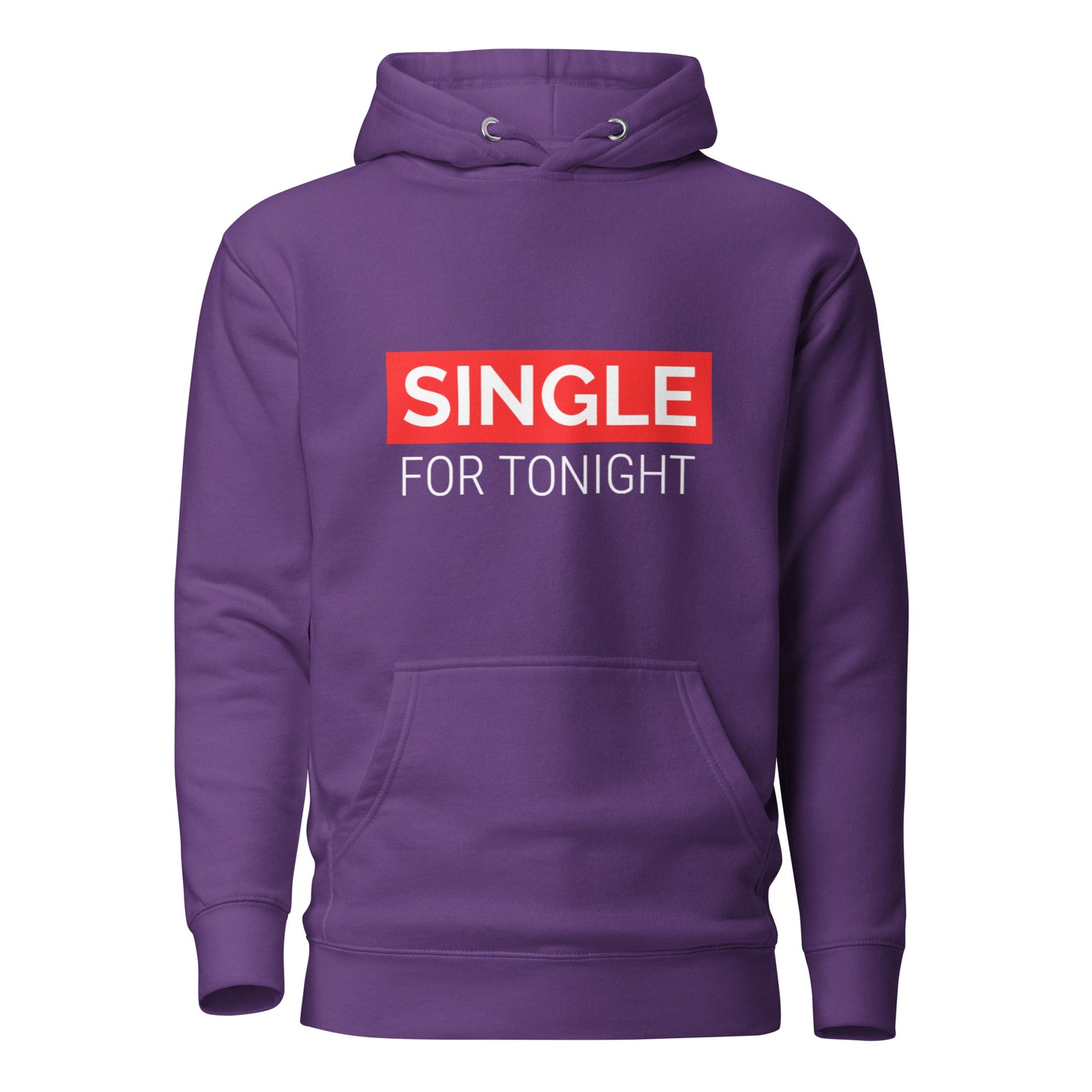 Front view of our ‘No Huddle Just Go’ Premium Unisex Sweatshirt in purple, featuring “Single for Tonight” in red text on the front. Add this signature sweatshirt to your collection! Customers love our Premium Unisex Sweatshirts because they have all the essentials; 100% cotton face, soft interior, comfortable Unisex fit and are medium thickness. This sweatshirt is available now in various colors & sizes S-3XL.