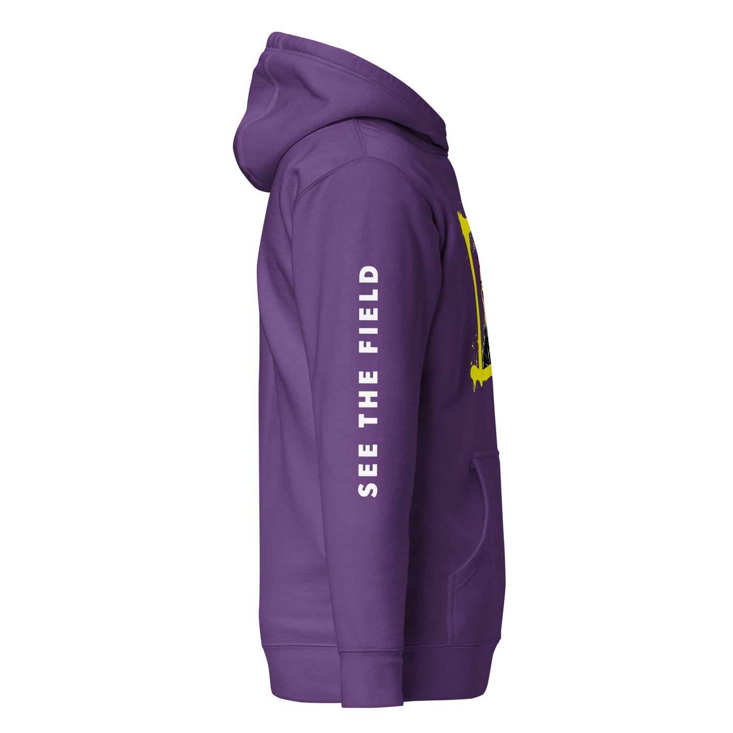 Add this signature “See the Field” design to your hoodie collection! Customers love our “No Huddle Just Go” premium hoodies because they have all the essentials; quality 100% cotton, comfort-fitted hood, matching drawstrings, and a front pocket. Front of the hoodie has a black, white and yellow graphic design and both sleeves have printed white text “See the Field”. This hoodie is available now in various colors & sizes S-3XL. This image shows the sleeve of the hoodie. This image is purple.