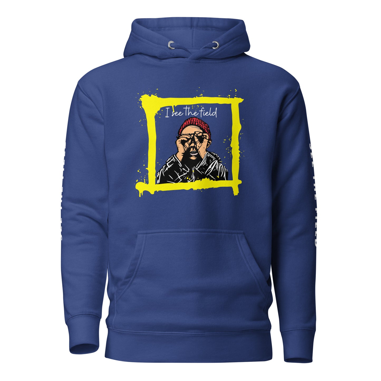 Add this signature “See the Field” design to your hoodie collection! Customers love our “No Huddle Just Go” premium hoodies because they have all the essentials; quality 100% cotton, comfort-fitted hood, matching drawstrings, and a front pocket. Front of the hoodie has a black, white and yellow graphic design and both sleeves have printed white text “See the Field”. This hoodie is available now in various colors & sizes S-3XL. This image royal blue.