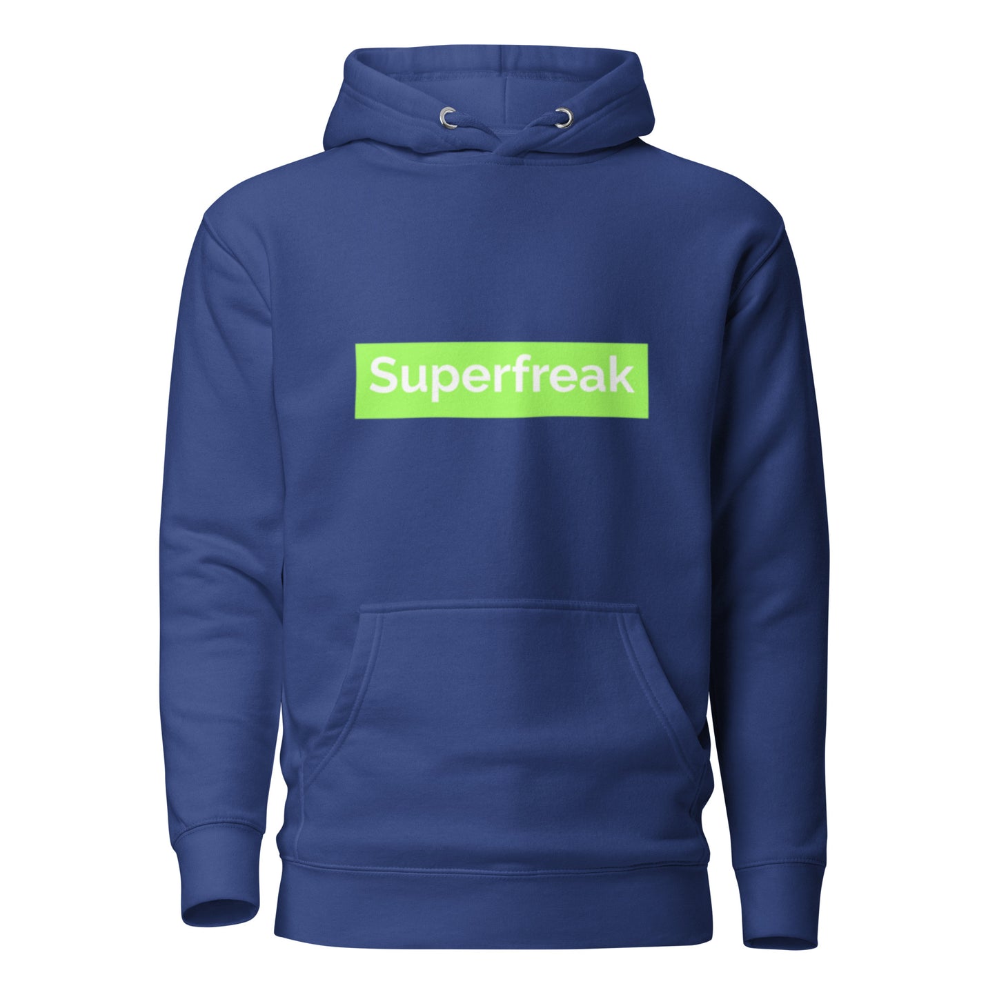 If “Say Less” was a person, they’d be wearing our “Super Freak” royal blue premium hoodie. This exclusive hoodie does the talking while you exude style and confidence. Customers love our “No Huddle Just Go” premium hoodies because they have all the essentials; quality 100% cotton, comfort-fitted hood, matching drawstrings, and a front pocket. Front of the hoodie has “Super Freak” in lime green text. This hoodie is available now in various colors & sizes S-3XL. Back is royal blue.