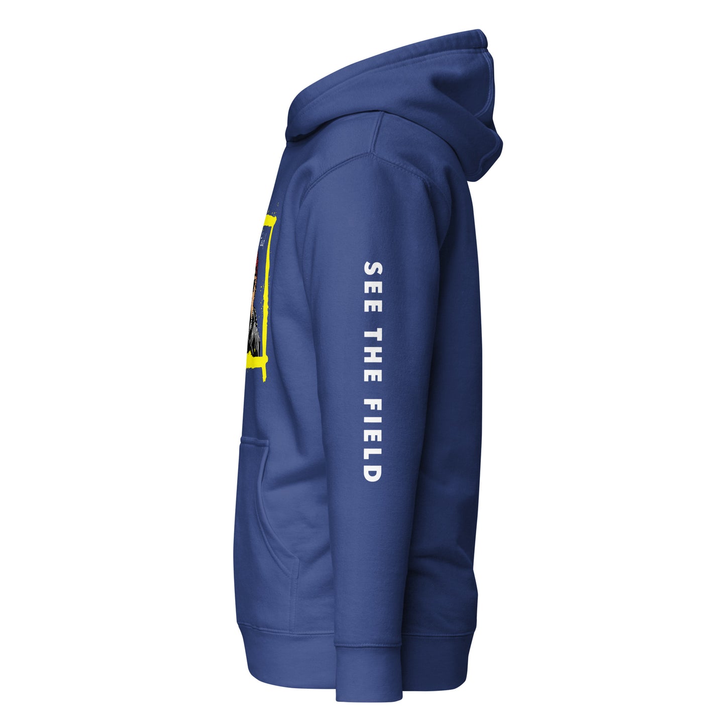 Add this signature “See the Field” design to your hoodie collection! Customers love our “No Huddle Just Go” premium hoodies because they have all the essentials; quality 100% cotton, comfort-fitted hood, matching drawstrings, and a front pocket. Front of the hoodie has a black, white and yellow graphic design and both sleeves have printed white text “See the Field”. This hoodie is available now in various colors & sizes S-3XL. This image shows the sleeve of the hoodie. This image is royal blue.