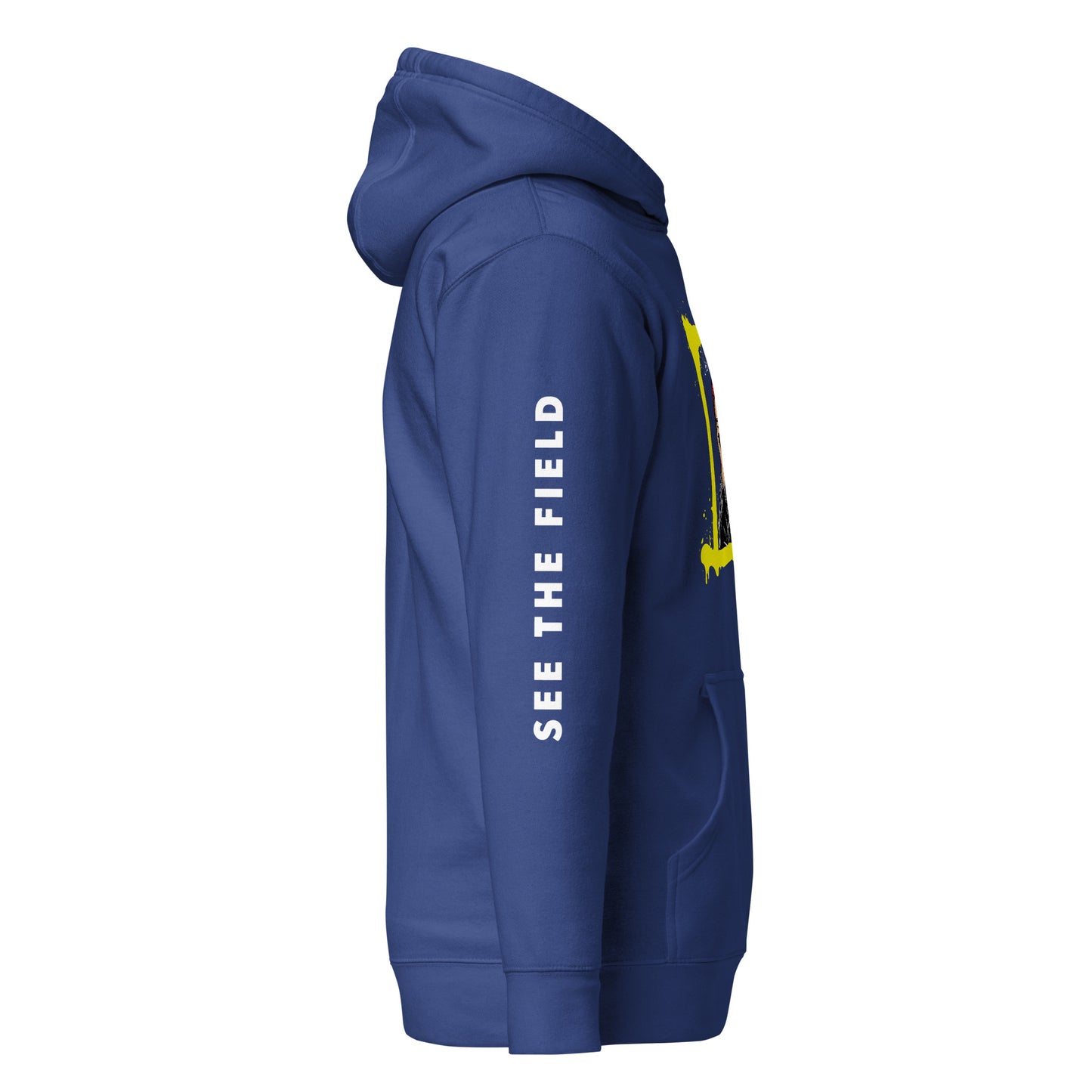Add this signature “See the Field” design to your hoodie collection! Customers love our “No Huddle Just Go” premium hoodies because they have all the essentials; quality 100% cotton, comfort-fitted hood, matching drawstrings, and a front pocket. Front of the hoodie has a black, white and yellow graphic design and both sleeves have printed white text “See the Field”. This hoodie is available now in various colors & sizes S-3XL. This image shows the sleeve of the hoodie. This image is royal blue.