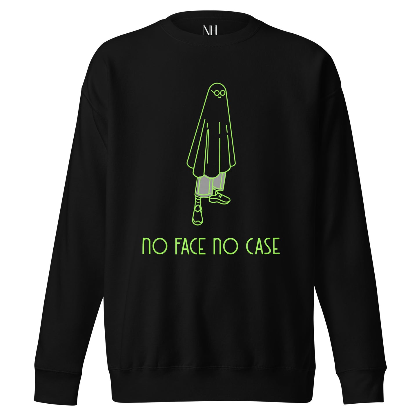Front view of our ‘No Huddle Just Go’ Premium Unisex Sweatshirt in black, featuring lime green ‘No Face No Case’ graphic on the front.” Add this signature sweatshirt to your collection! Customers love our Premium Unisex Sweatshirts because they have all the essentials; 100% cotton face, soft interior, comfortable Unisex fit and are medium thickness. This sweatshirt is available now in various colors & sizes S-3XL