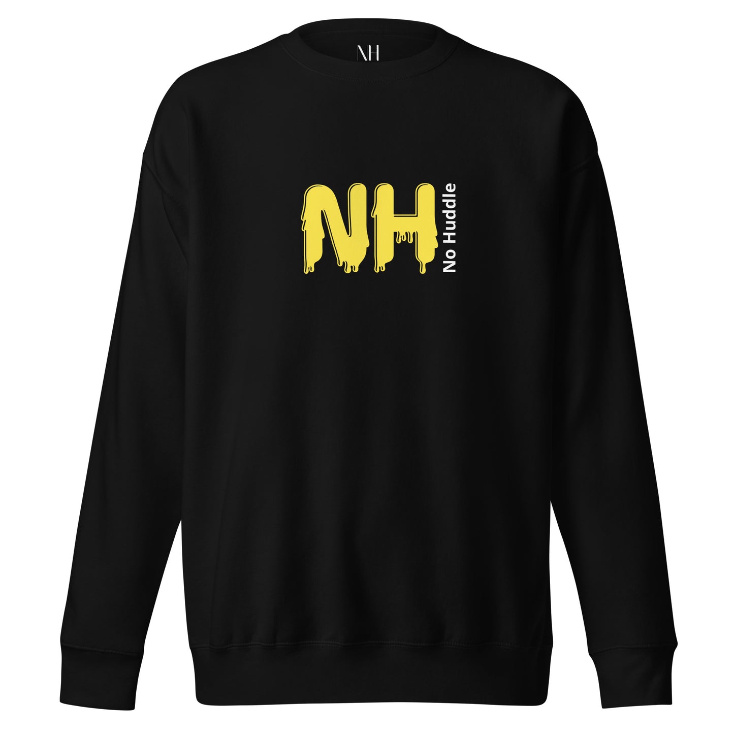 Front view of our ‘No Huddle Just Go’ Premium Unisex Sweatshirt in black, featuring ‘No Huddle’ logo on front and “See the Field” graphic in white and yellow on the back. Add this signature sweatshirt to your collection! Customers love our Premium Unisex Sweatshirts because they have all the essentials; 100% cotton face, soft interior, comfortable Unisex fit and are medium thickness. This sweatshirt is available now in various colors & sizes S-3XL.