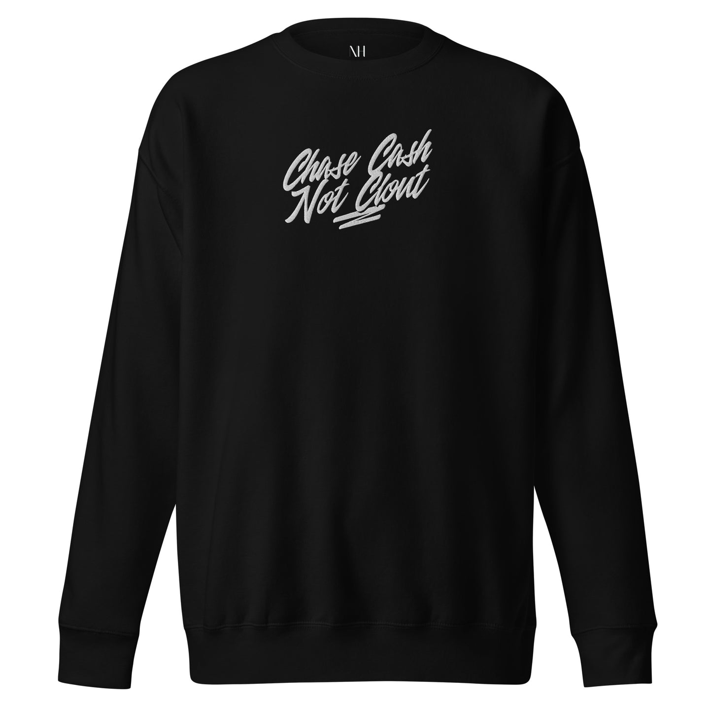 Front view of our ‘No Huddle Just Go’ Premium Unisex Sweatshirt in black, featuring premium embroidered “Chase Cash Not Clout” in white text on the front. Add this signature sweatshirt to your collection! Customers love our Premium Unisex Sweatshirts because they have all the essentials; 100% cotton face, soft interior, comfortable Unisex fit and are medium thickness. This sweatshirt is available now in various colors & sizes S-3XL.