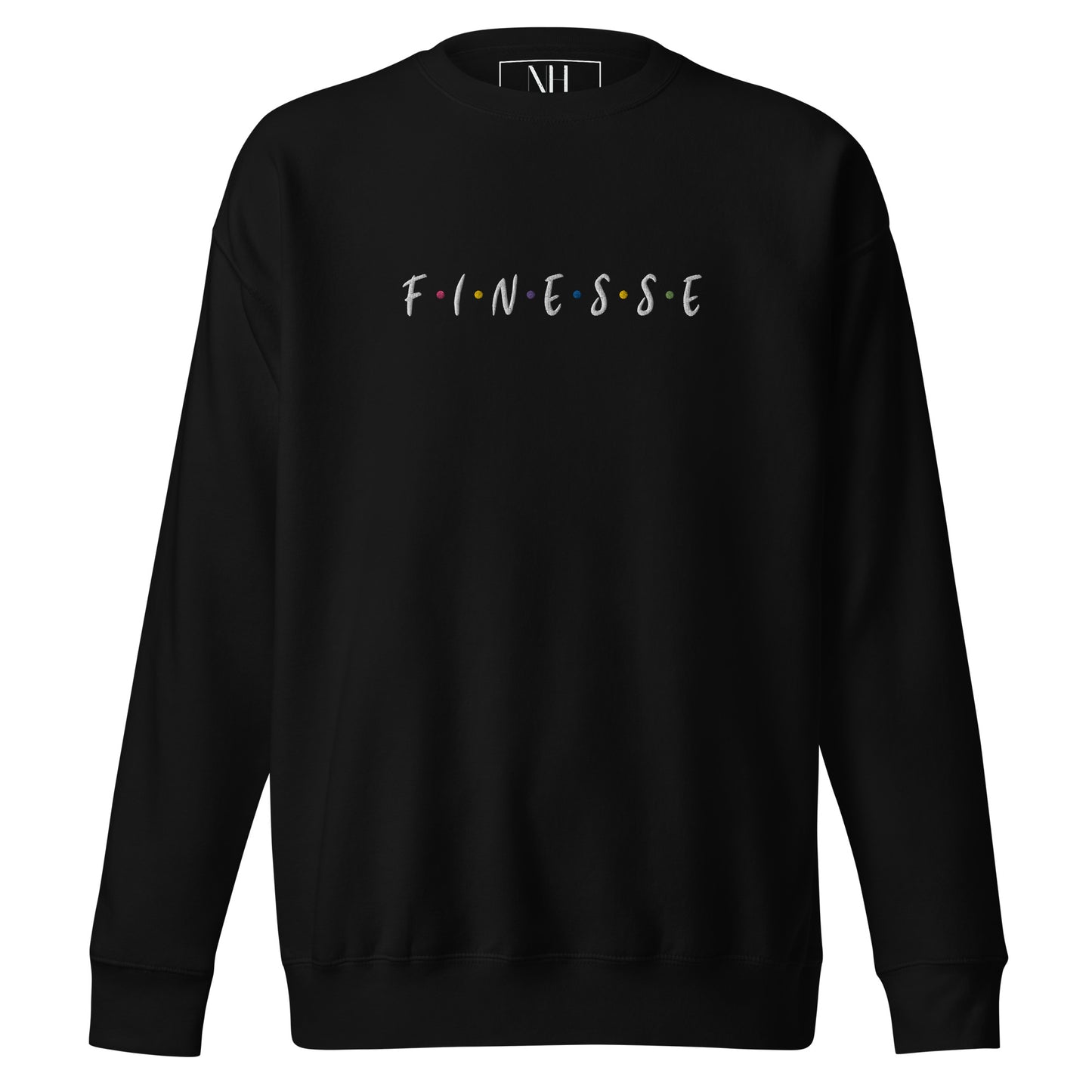 Front view of our ‘No Huddle Just Go’ Premium Unisex Sweatshirt in black, featuring premium embroidered “Finesse” in white text on the front and “Hall of Fame”on right sleeve. Add this signature sweatshirt to your collection! Customers love our Premium Unisex Sweatshirts because they have all the essentials; 100% cotton face, soft interior, comfortable Unisex fit and are medium thickness. This sweatshirt is available now in various colors & sizes S-3XL.