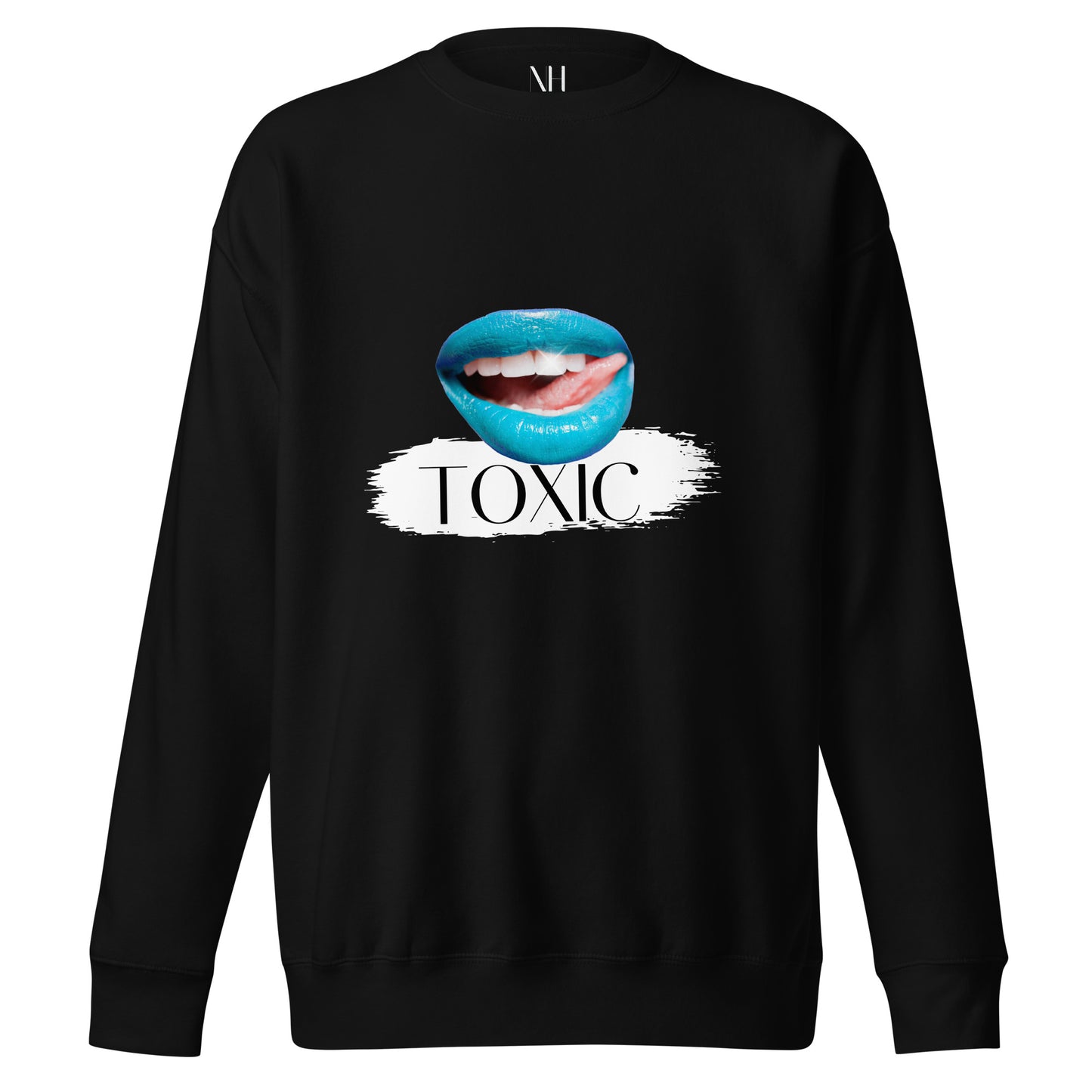Front view of our ‘No Huddle Just Go’ Premium Unisex Sweatshirt in black, featuring “Toxic” graphic design on the front with blue lips. Add this signature sweatshirt to your collection! Customers love our Premium Unisex Sweatshirts because they have all the essentials; 100% cotton face, soft interior, comfortable Unisex fit and are medium thickness. This sweatshirt is available now in various colors & sizes S-3XL.